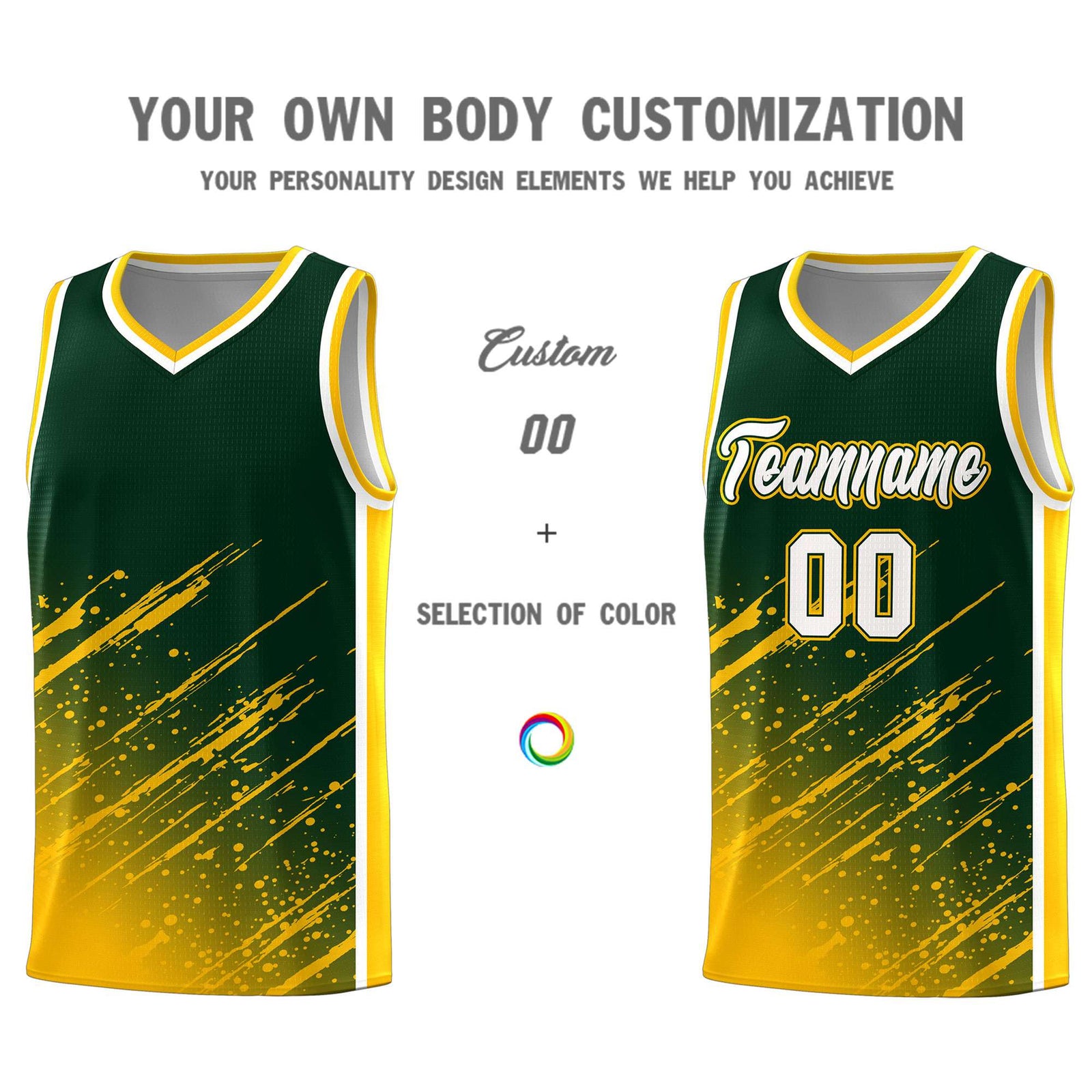 Custom Green Basketball Kits With Yellow Paint Graffiti