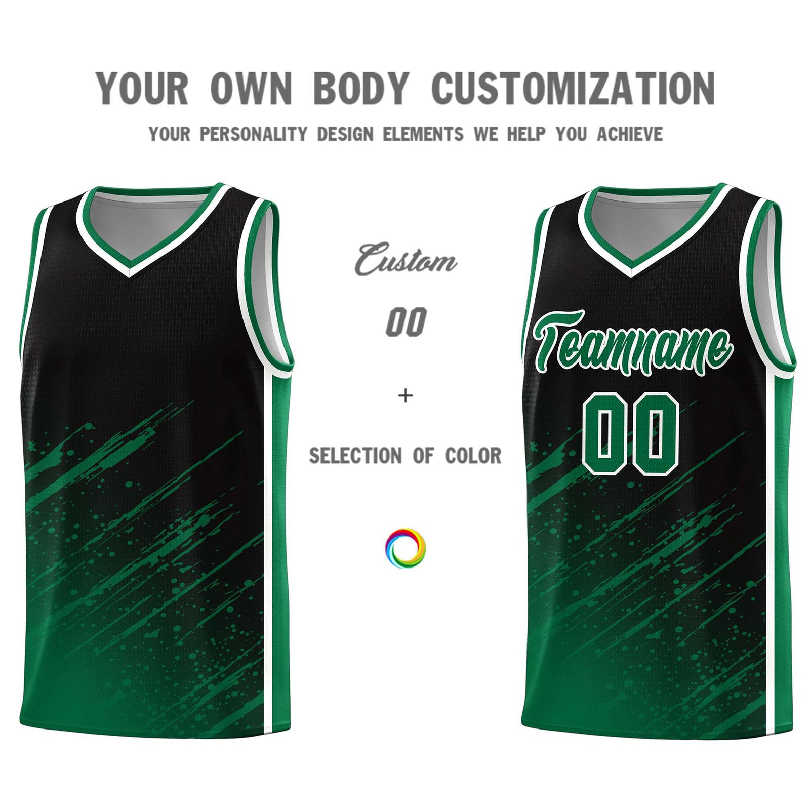 Custom Black Basketball Kits With Kelly Green Paint Graffiti