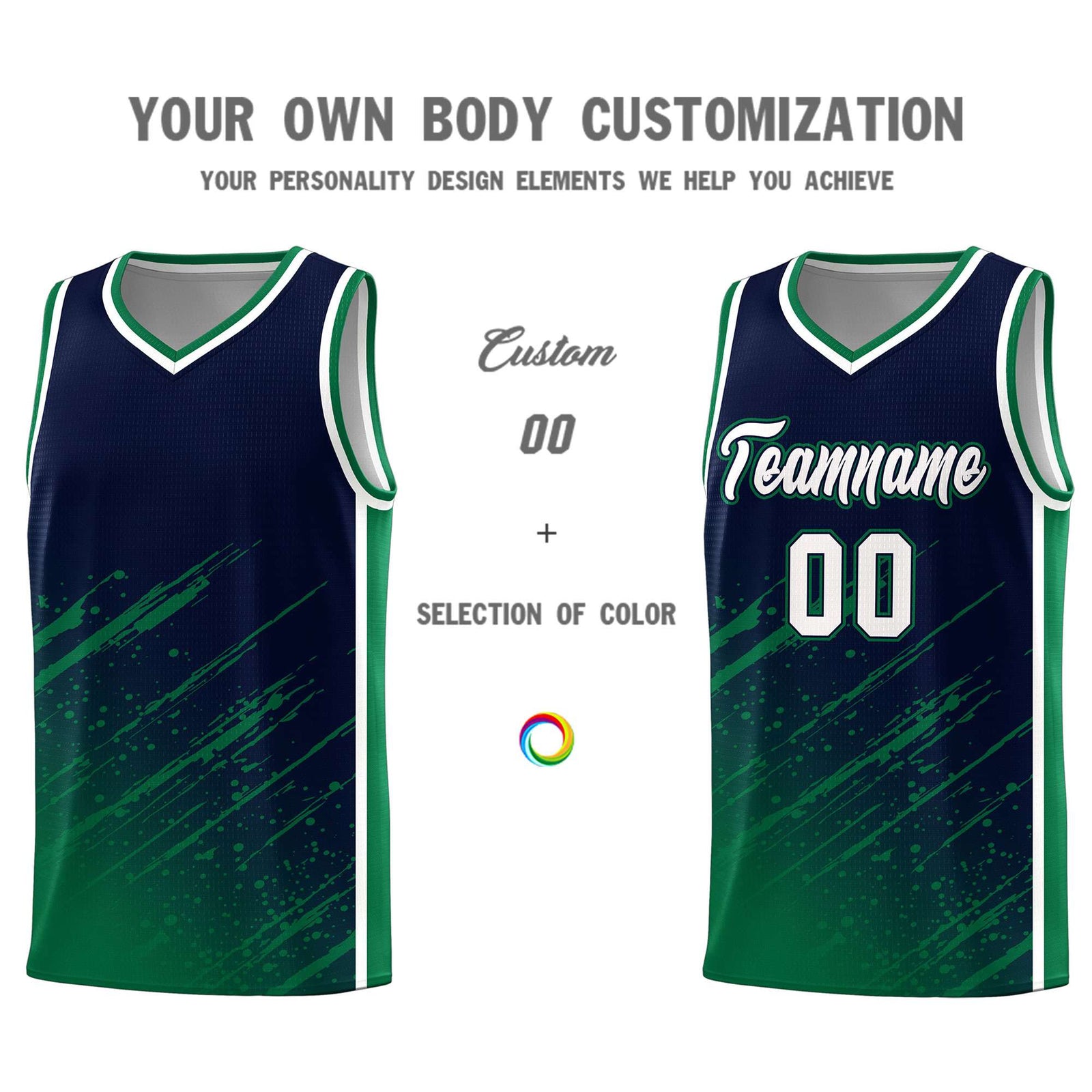 Custom Navy Basketball Kits With Kelly Green Paint Graffiti