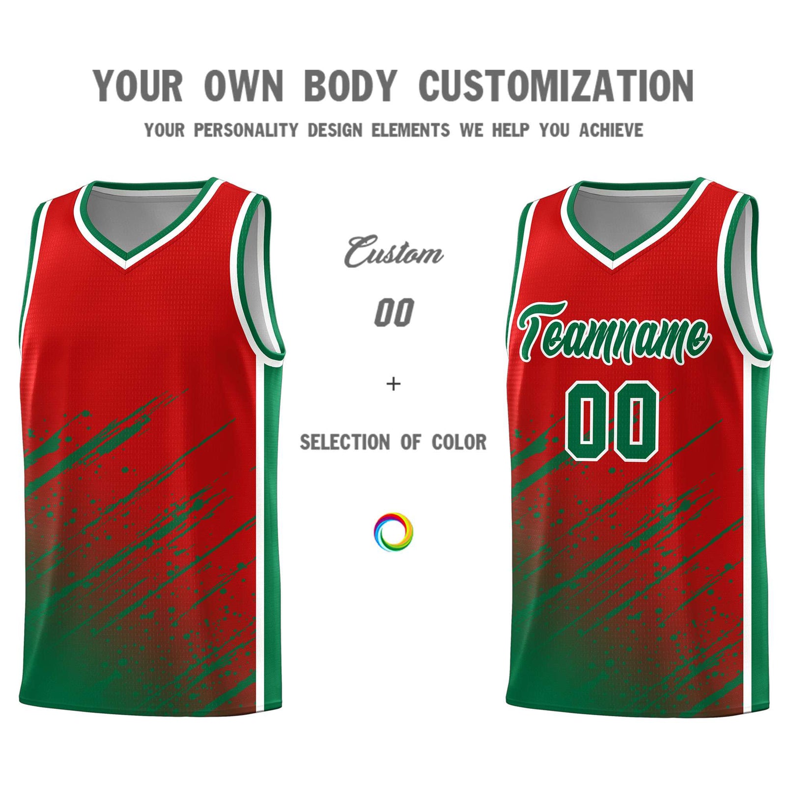 Custom Red Basketball Kits With Kelly Green Paint Graffiti
