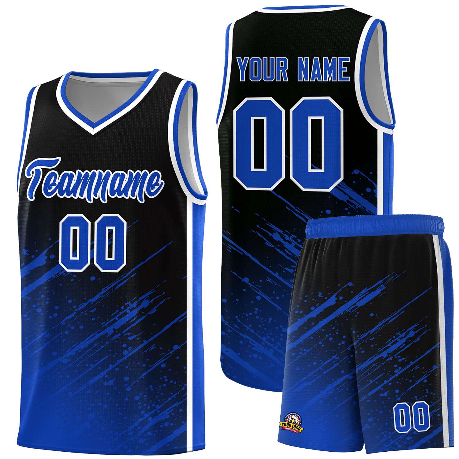 Custom Black Basketball Kits With Royal Paint Graffiti