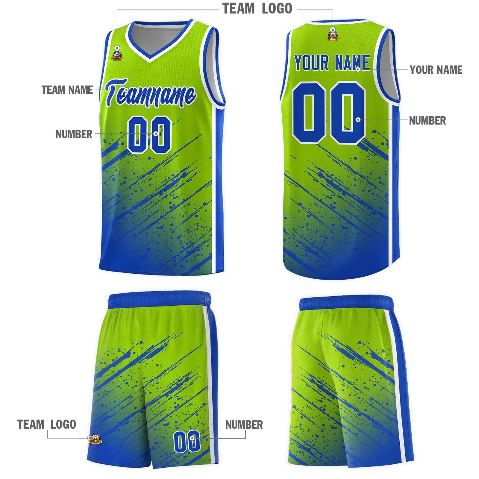 Custom Neon Green Basketball Kits With Royal Paint Graffiti