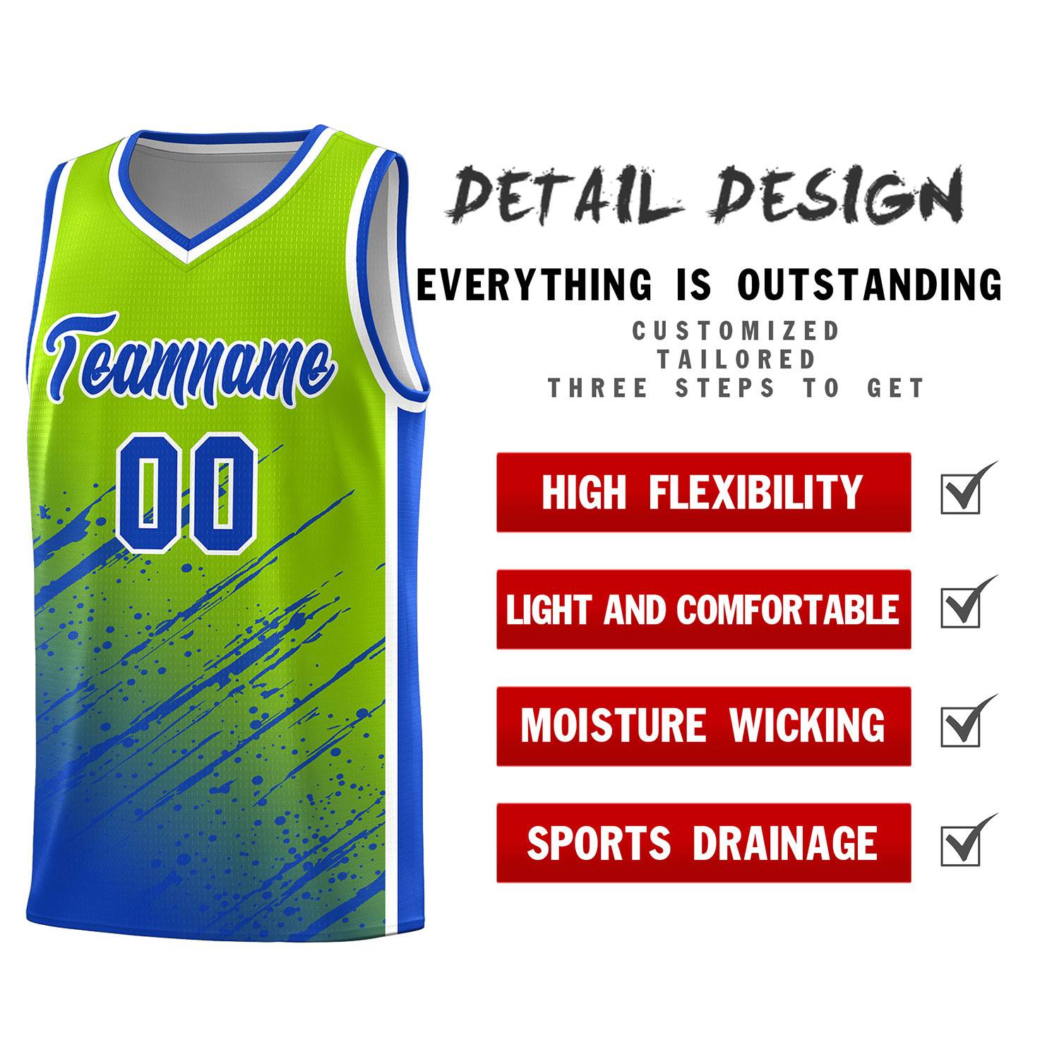 Custom Neon Green Basketball Kits With Royal Paint Graffiti