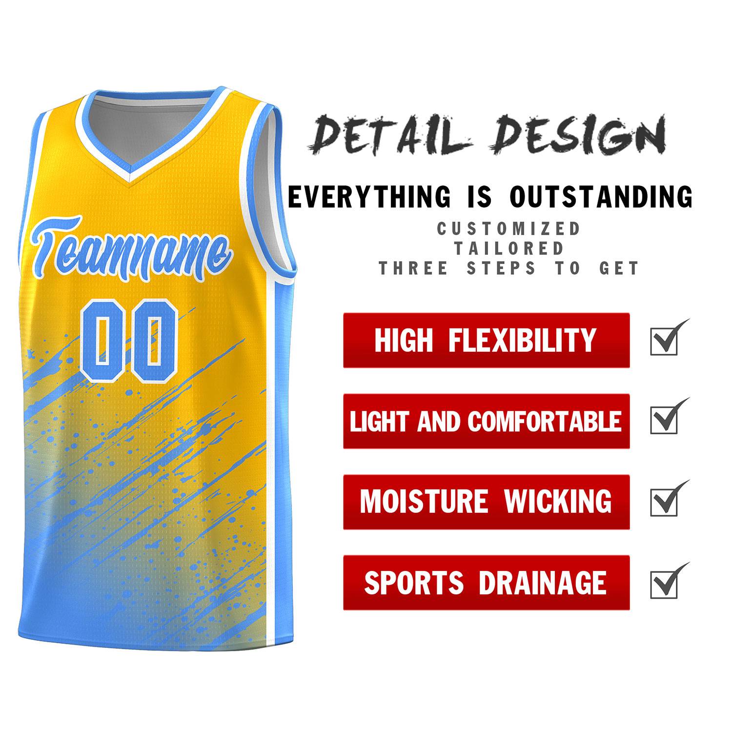 Custom Yellow Basketball Kits With Powder Blue Paint Graffiti