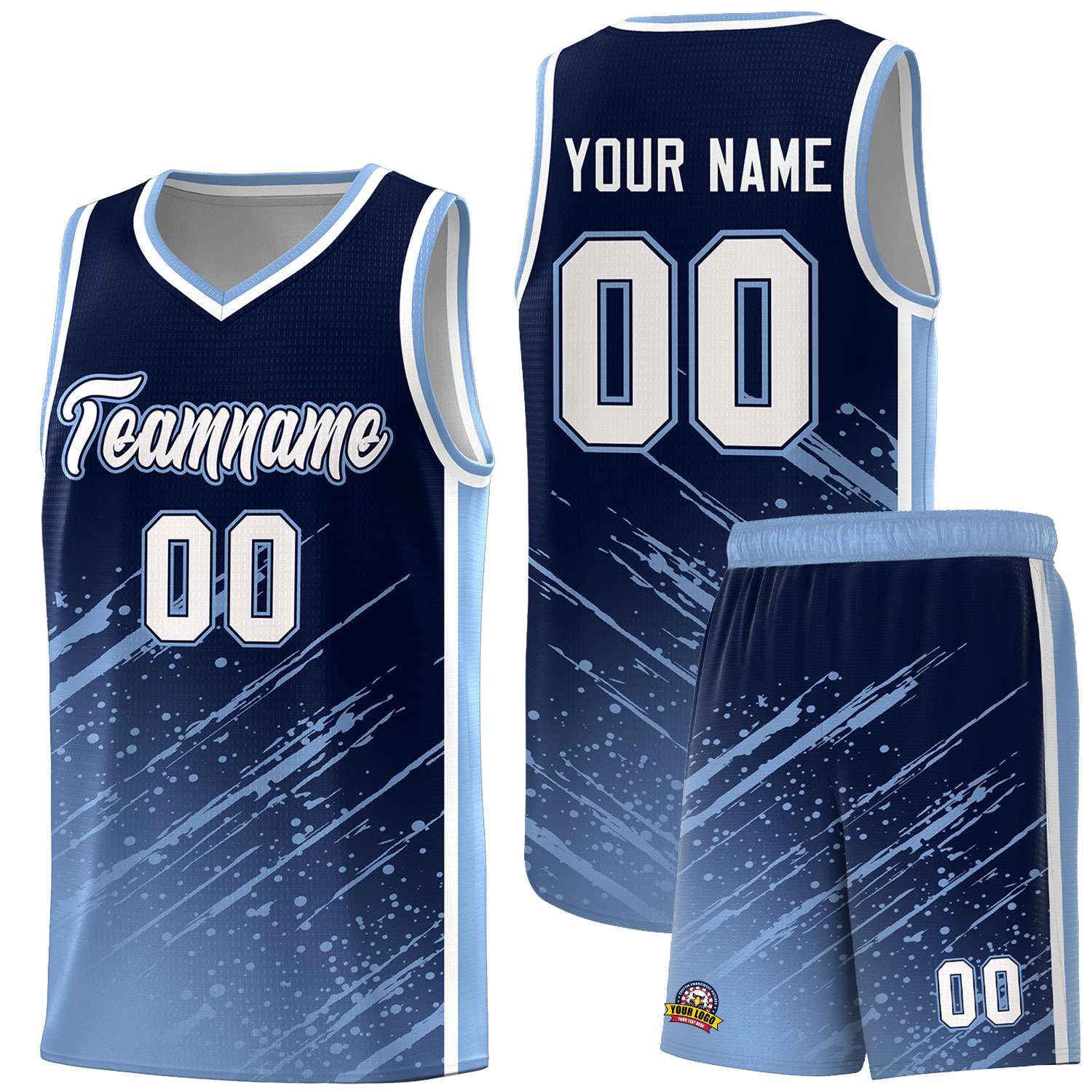 Custom Navy Basketball Kits With Light Blue Paint Graffiti