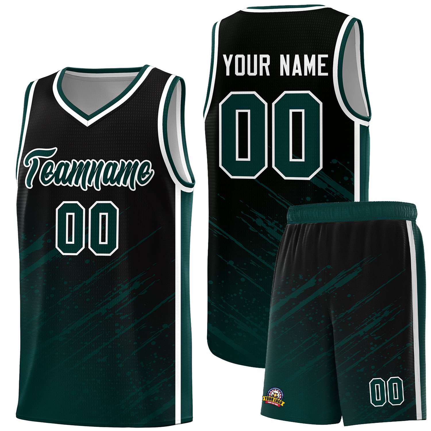 Custom Black Basketball Kits With Midnight Green Paint Graffiti