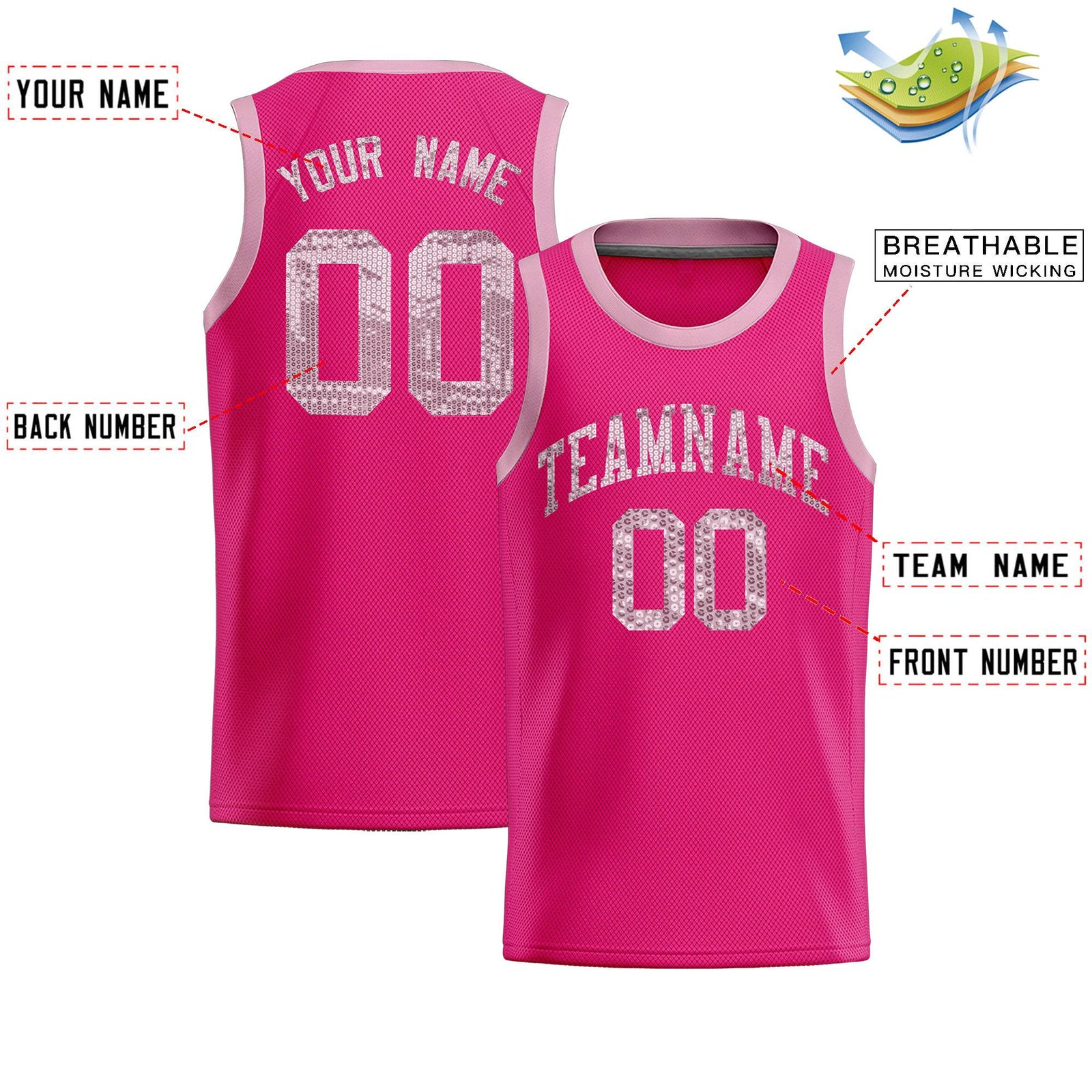 Custom Pink Sequined Tops Athletic Basketball Jersey