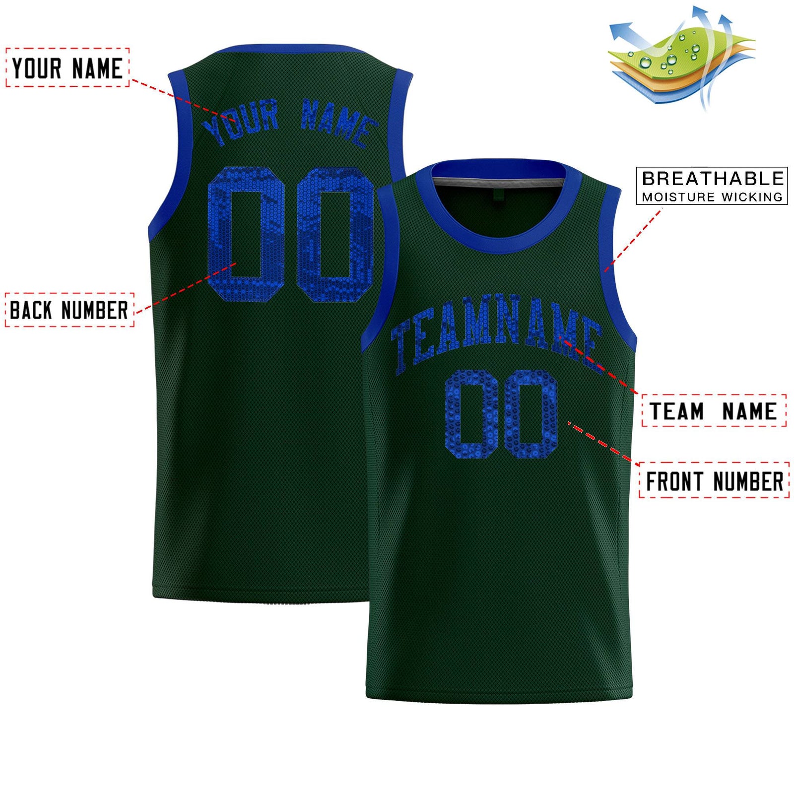 Custom Hunter Green Sequined Tops Athletic Basketball Jersey