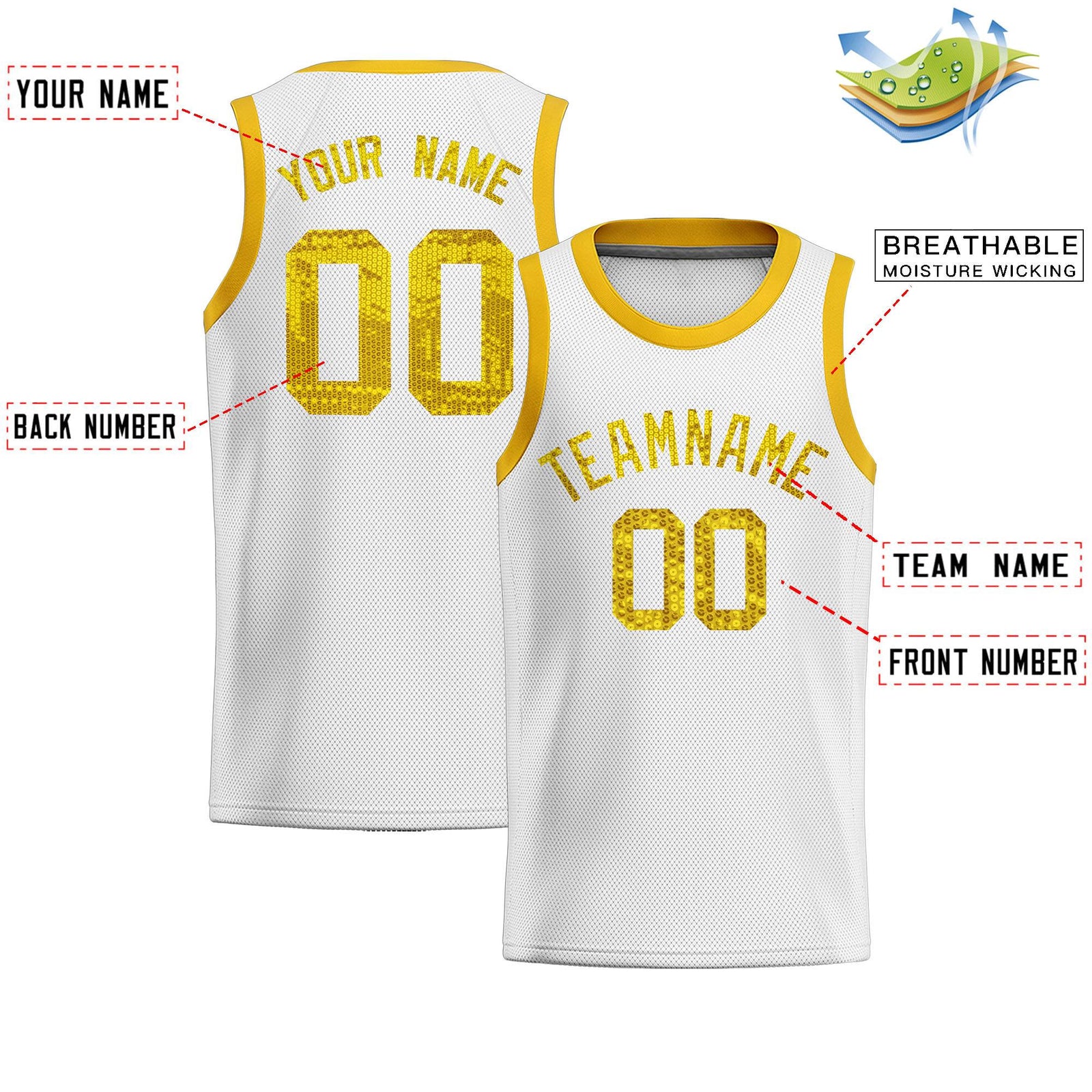 Custom White Sequined Tops Athletic Basketball Jersey