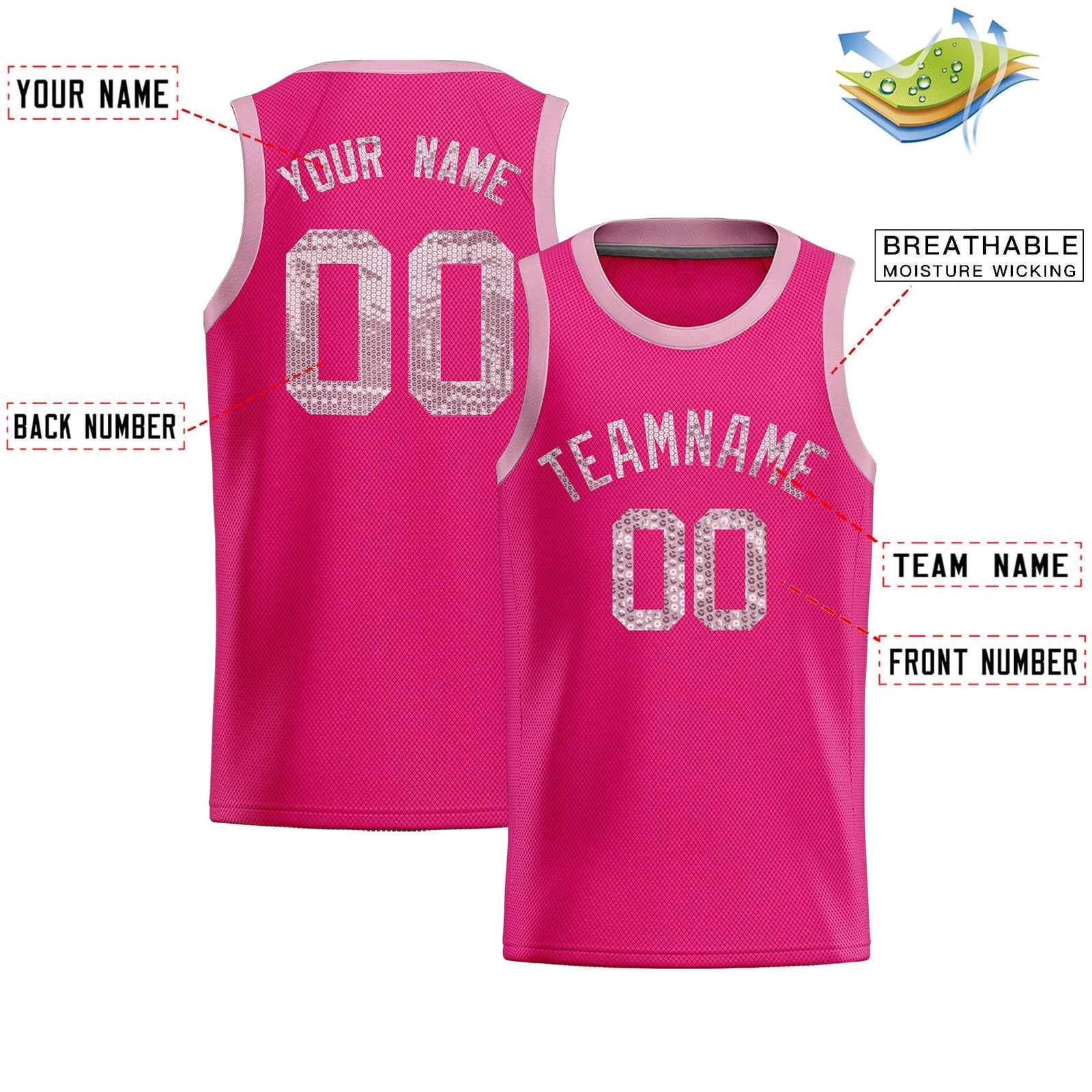 Custom Pink Sequined Tops Athletic Basketball Jersey
