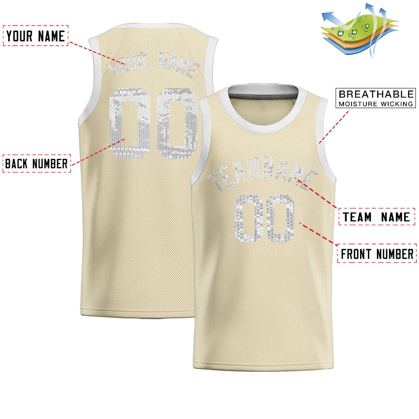 Custom Cream Sequined Tops Athletic Basketball Jersey