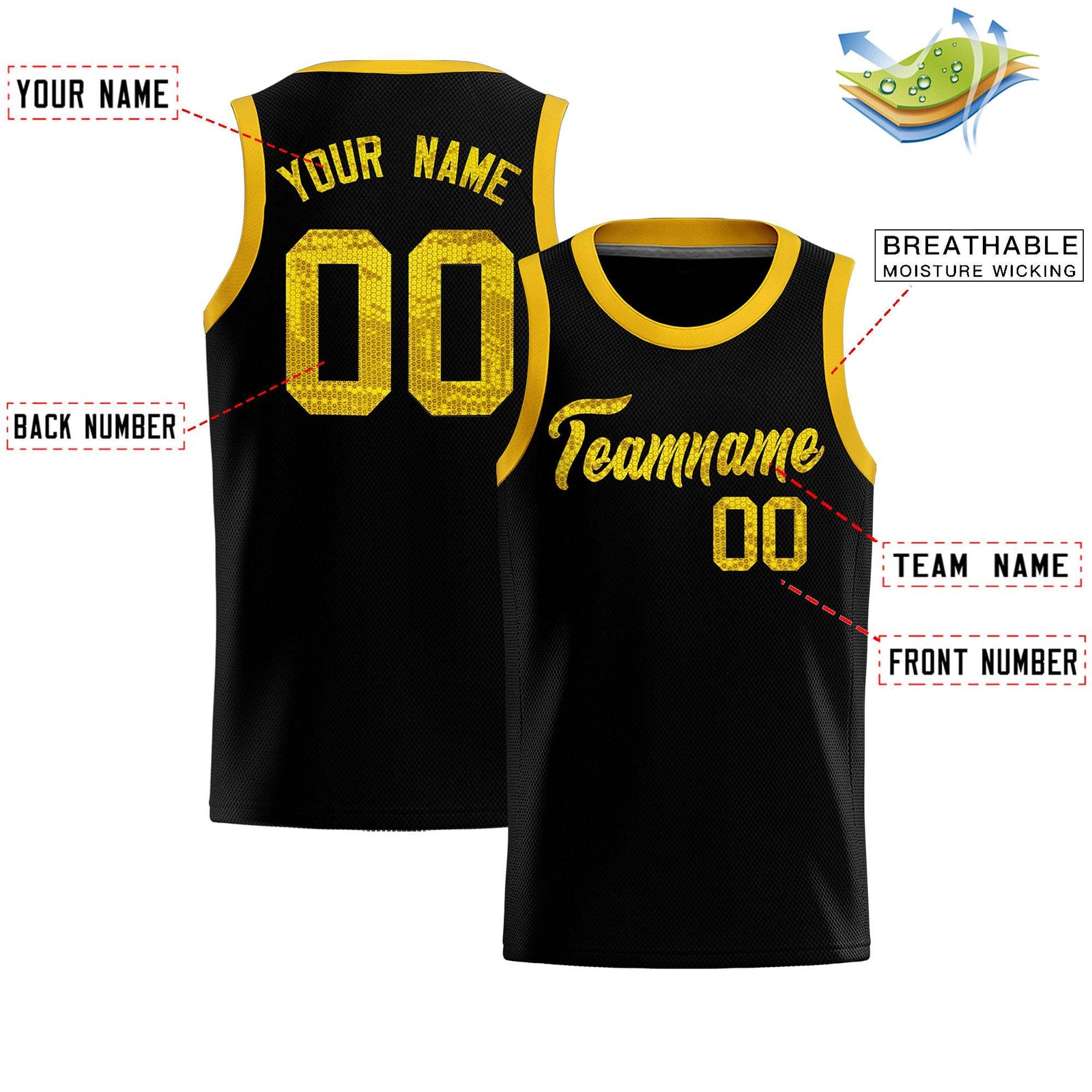 Custom Black Sequined Tops Athletic Basketball Jersey