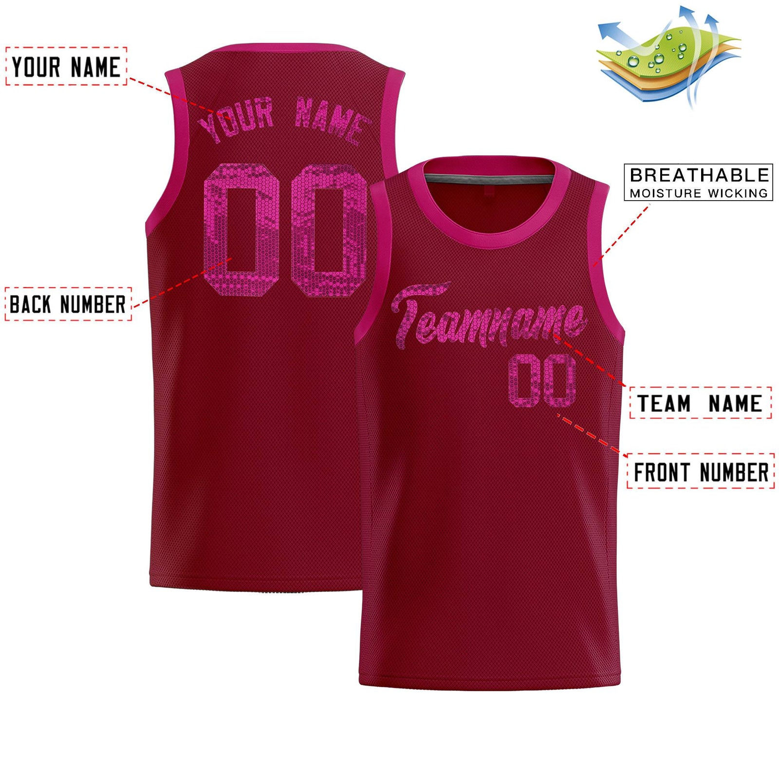 Custom Crimson Sequined Tops Athletic Basketball Jersey