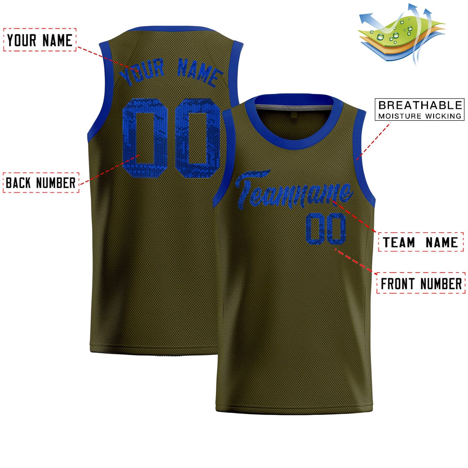 Custom Olive Sequined Tops Athletic Basketball Jersey