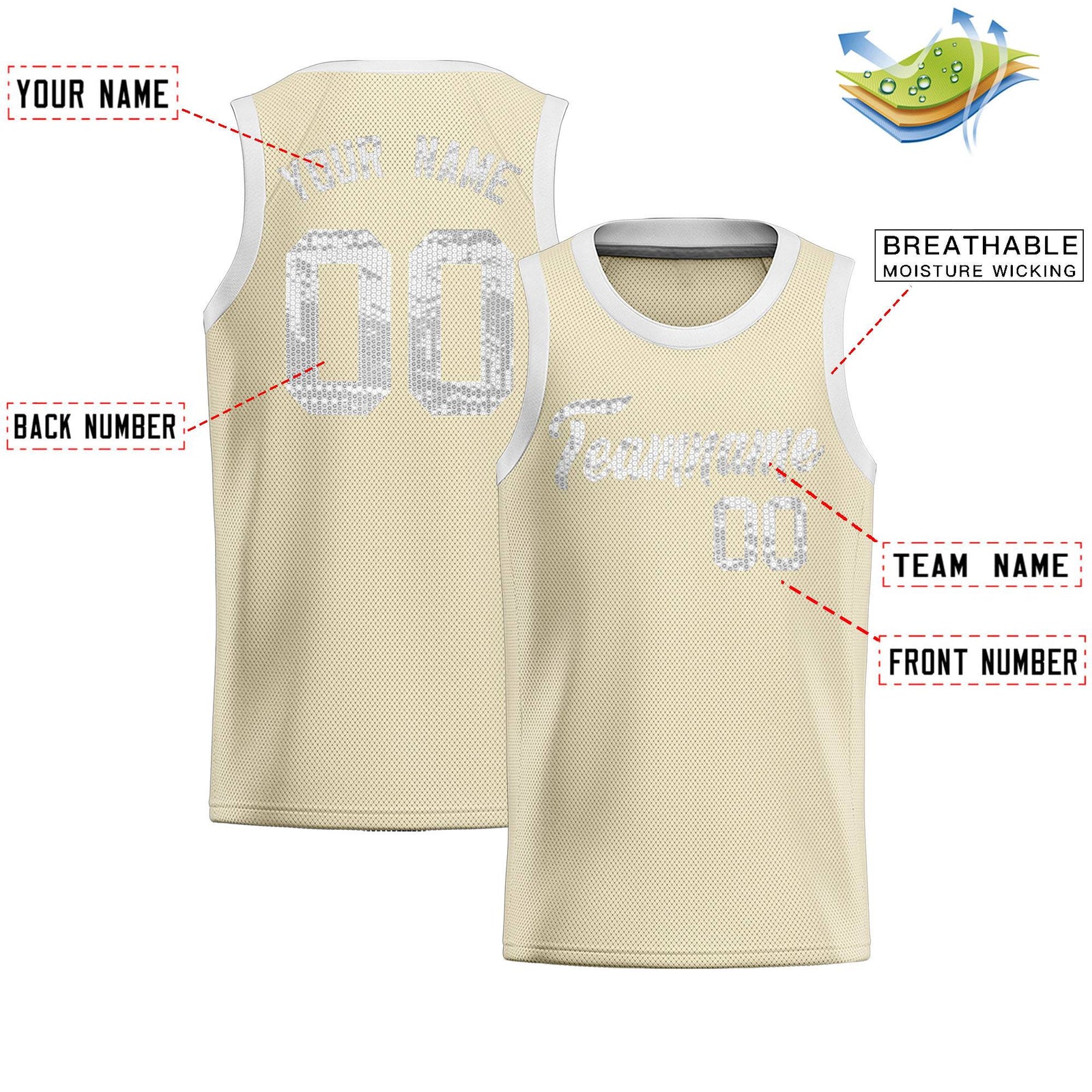 Custom Cream Sequined Tops Athletic Basketball Jersey