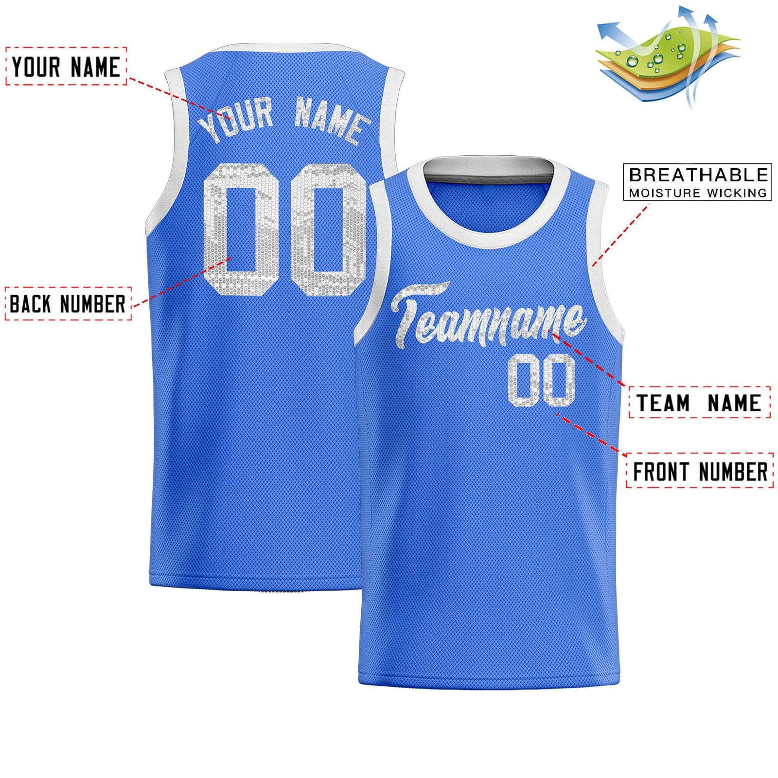 Custom Powder Blue Sequined Tops Athletic Basketball Jersey