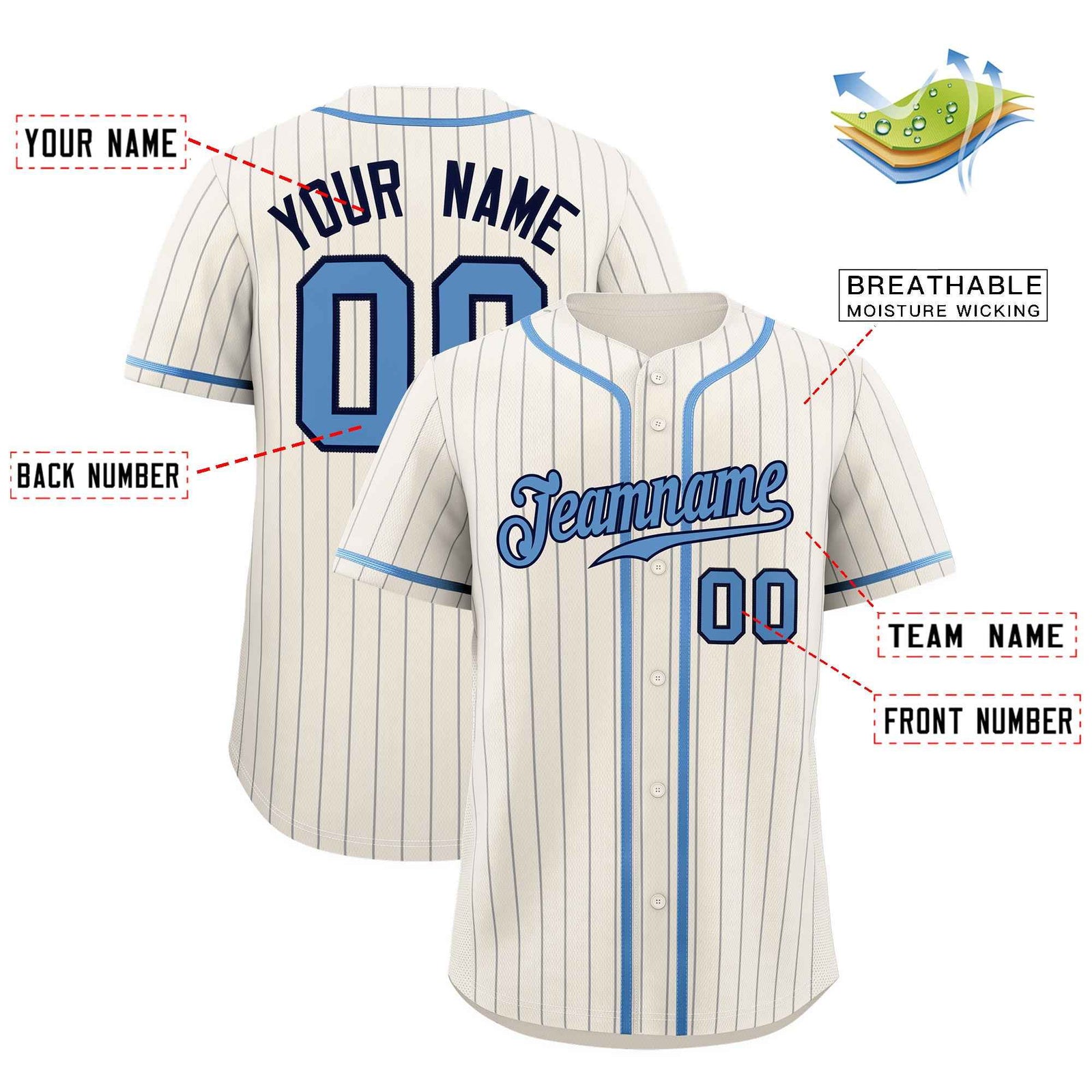 Custom Cream Light Blue Pinstripe Authentic Baseball Jersey