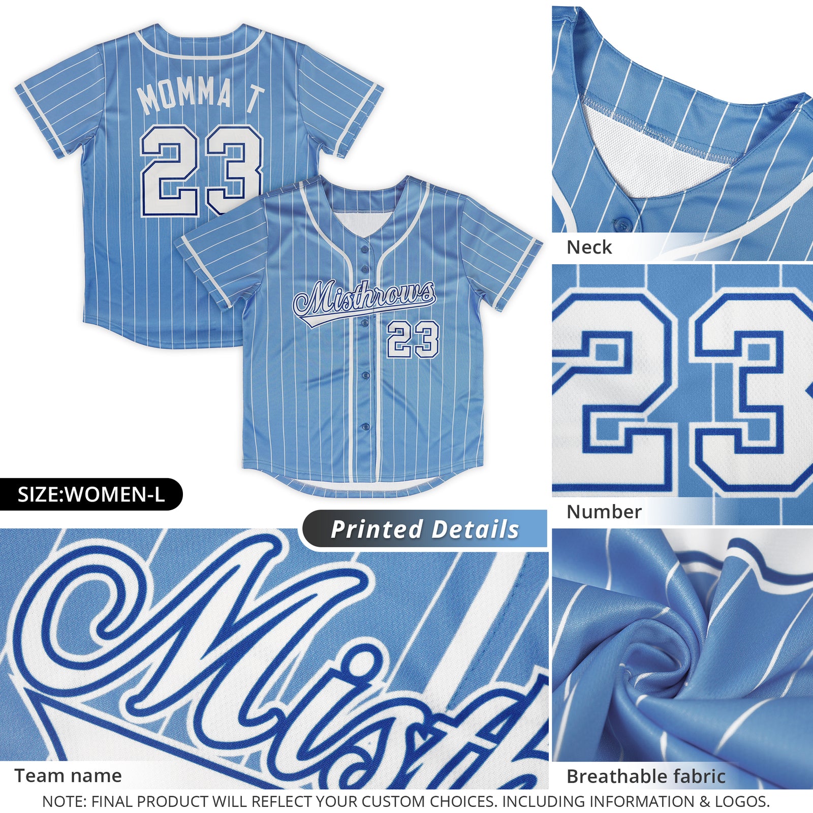 Custom Light Blue White Stripe Fashion Design Full Button Authentic Baseball Jersey