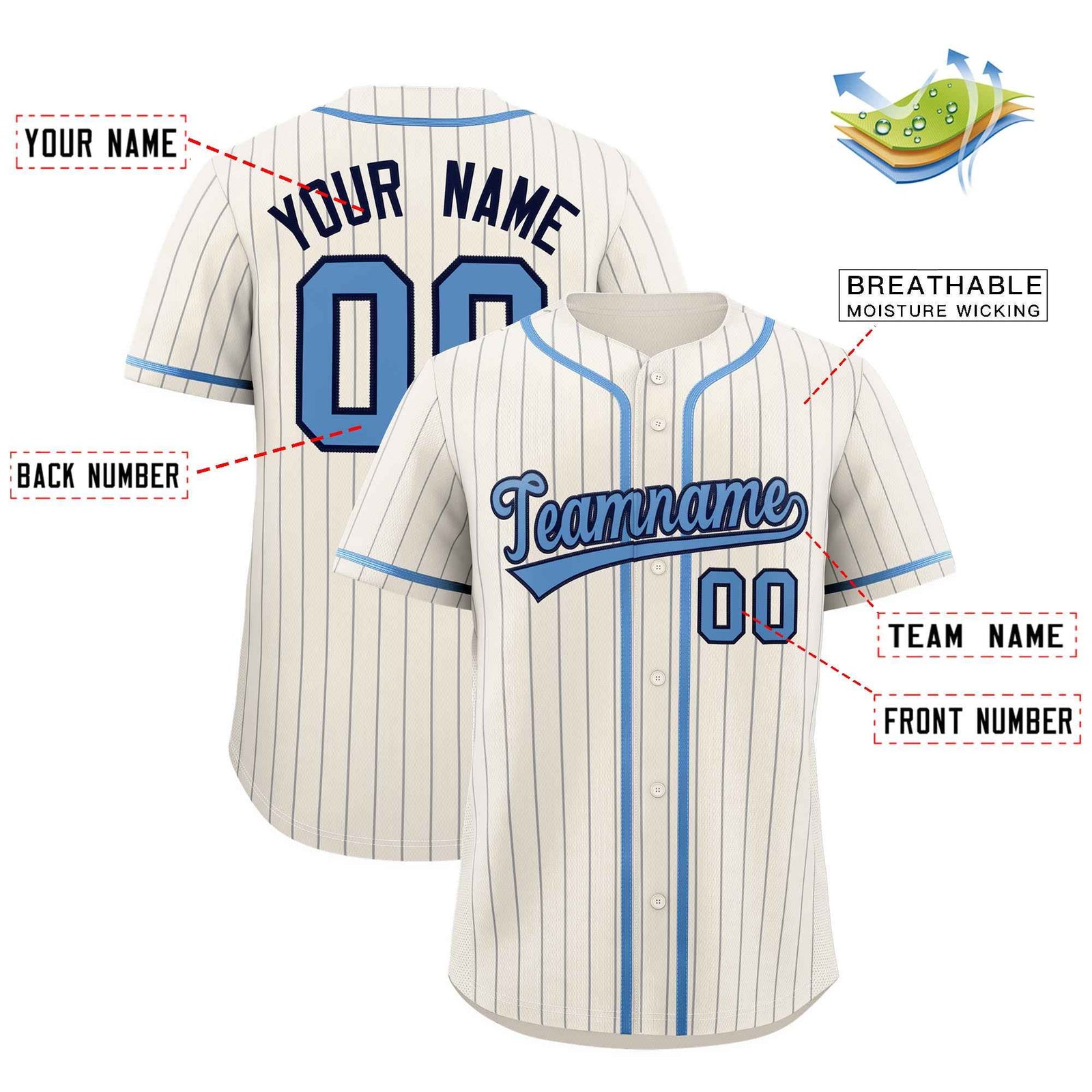 Custom Cream Light Blue Pinstripe Authentic Baseball Jersey| KXKSHOP