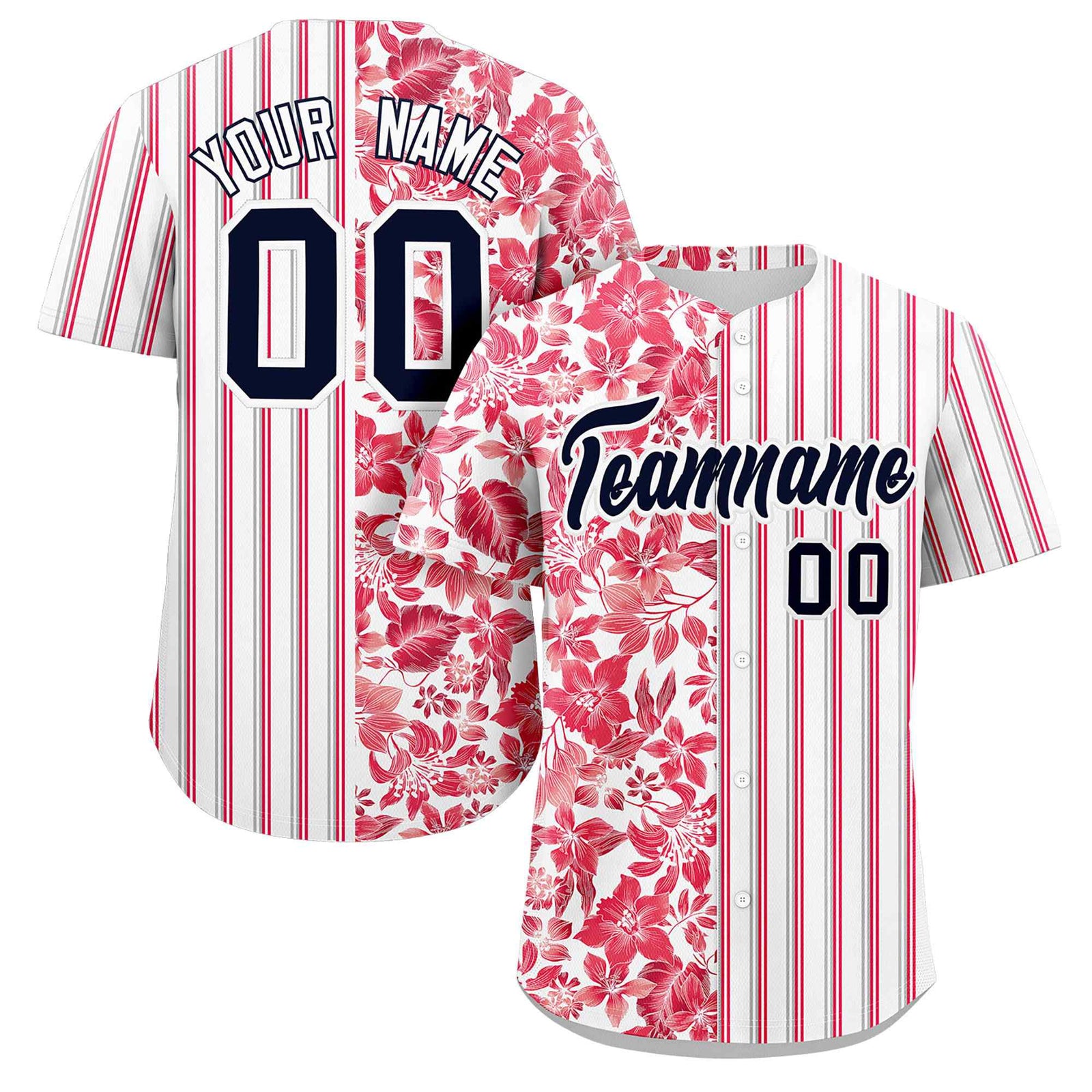 Custom White Red-Gray Hawaii Tropical Flower Stripe Fashion Baseball Jersey