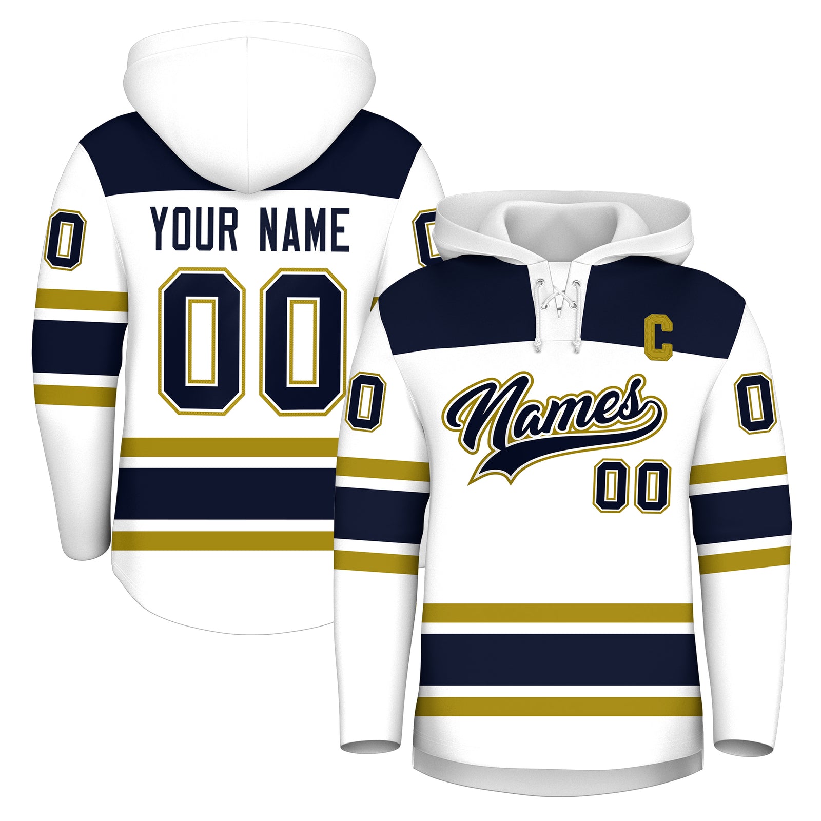 Custom Hockey Hoodie Jersey White Navy Raglan Sleeves Lace-Up Neck Personal Name & Number & Logo