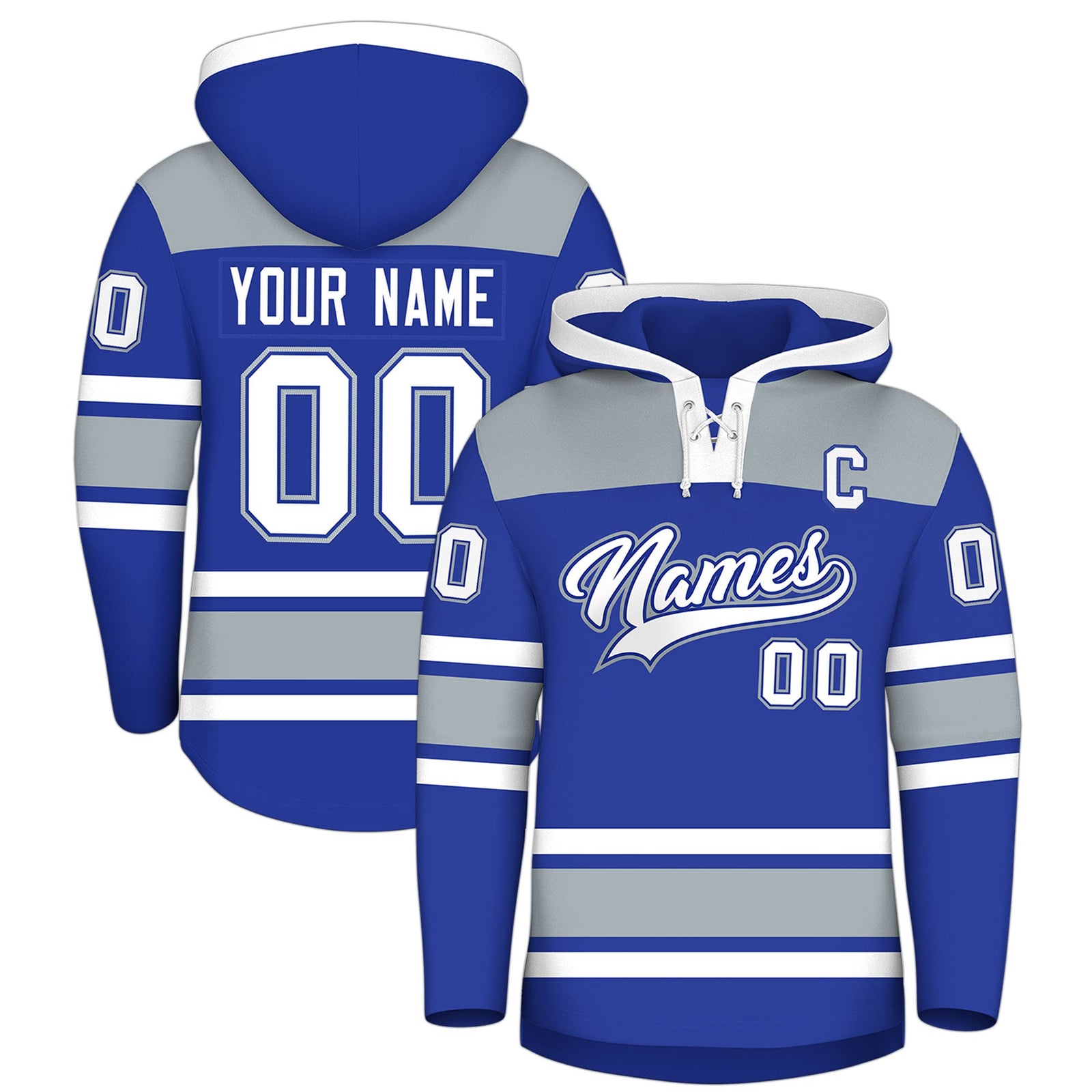 Custom Hockey Hoodie Jersey Royal Blue Silver Raglan Sleeves Lace-Up Neck Personalized Jersey for Men & Youth