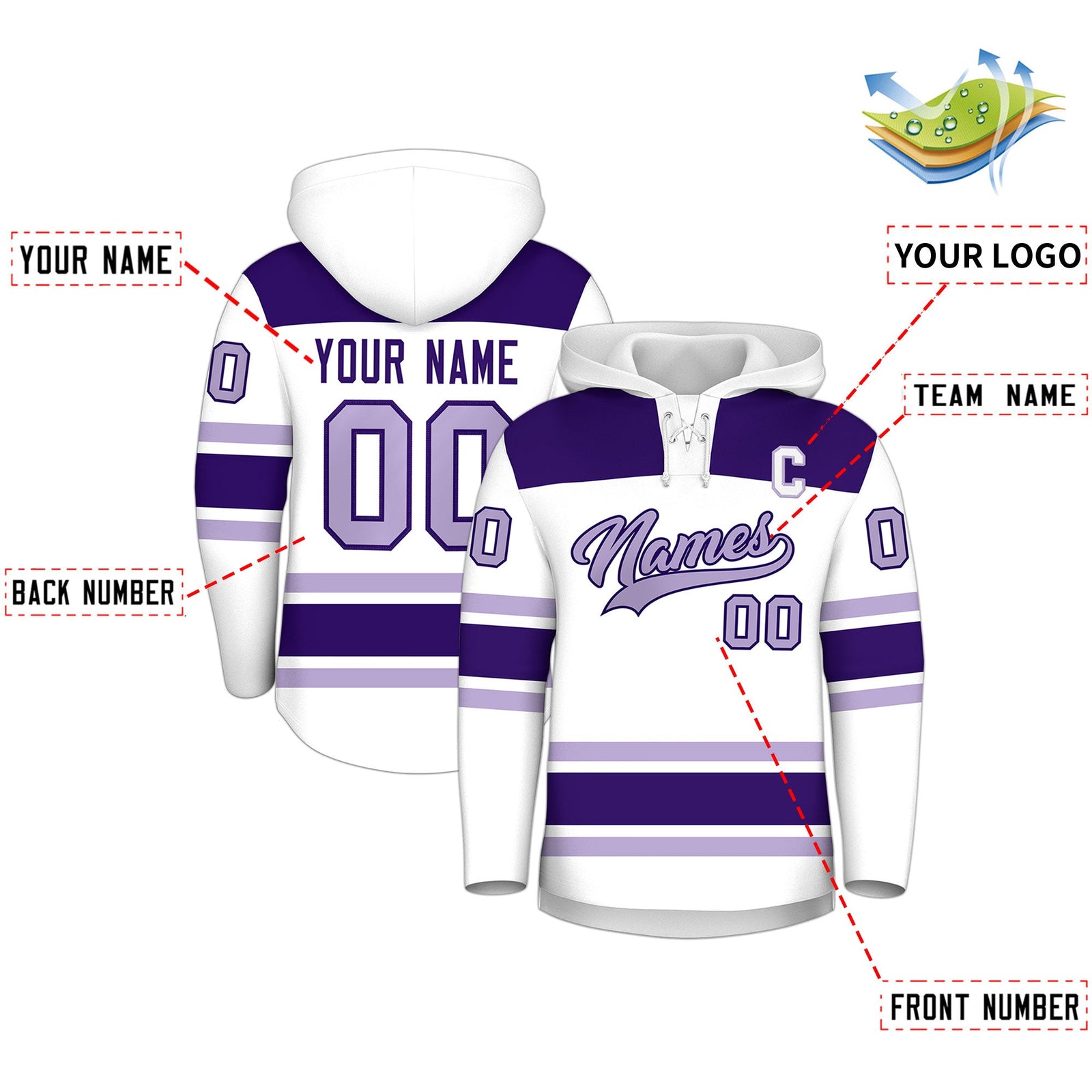 Custom Hockey Hoodie Jersey White Purple Raglan Sleeves Lace-Up Neck Personalized Jersey for Men & Youth