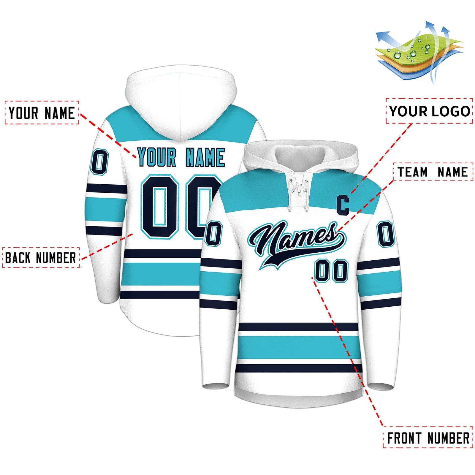 Custom Hockey Hoodie Jersey White Sky Blue Raglan Sleeves Lace-Up Neck Personalized Jersey for Men & Youth