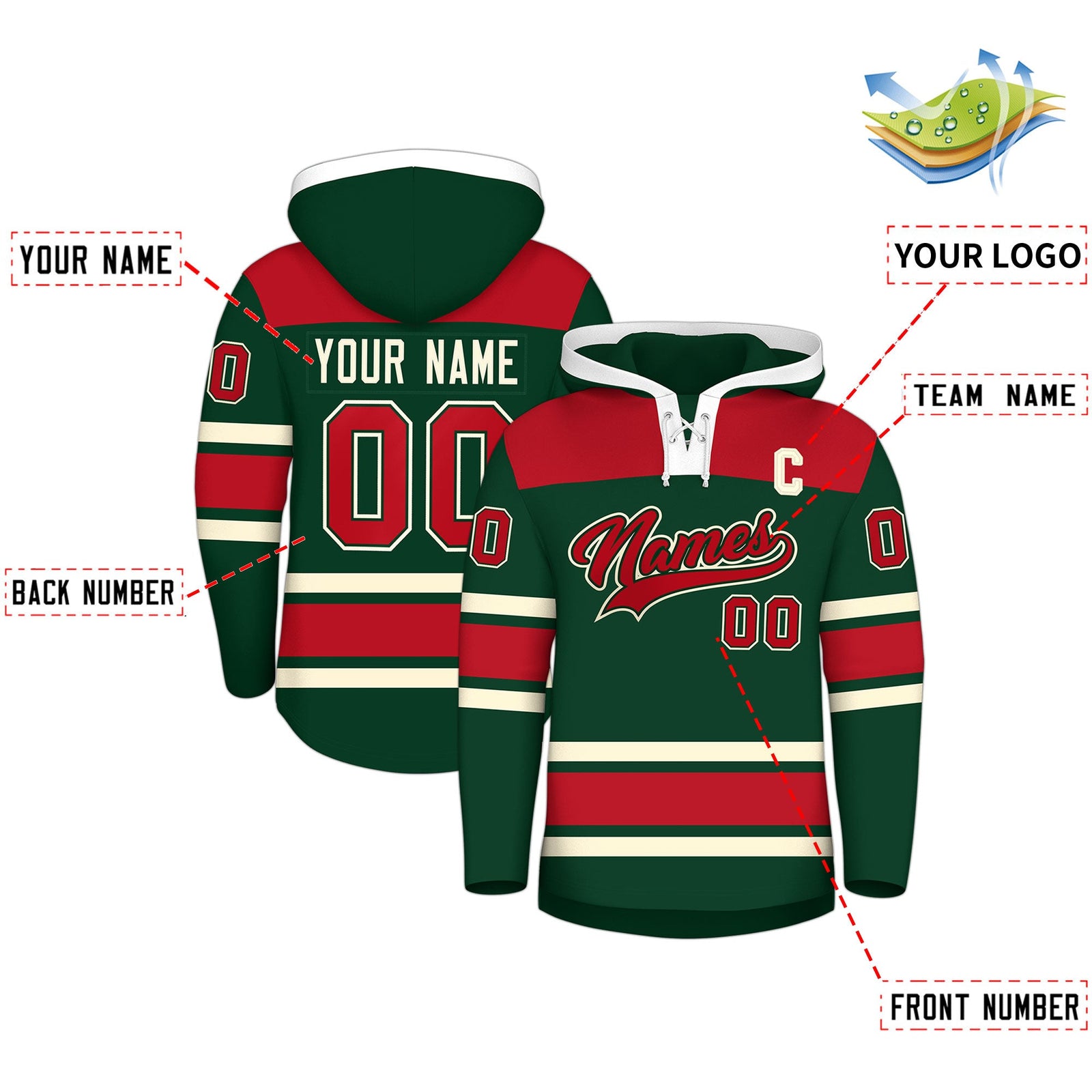 Custom Hockey Hoodie Jersey Green Red Raglan Sleeves Lace-Up Neck Classic Team Colors Hoodie