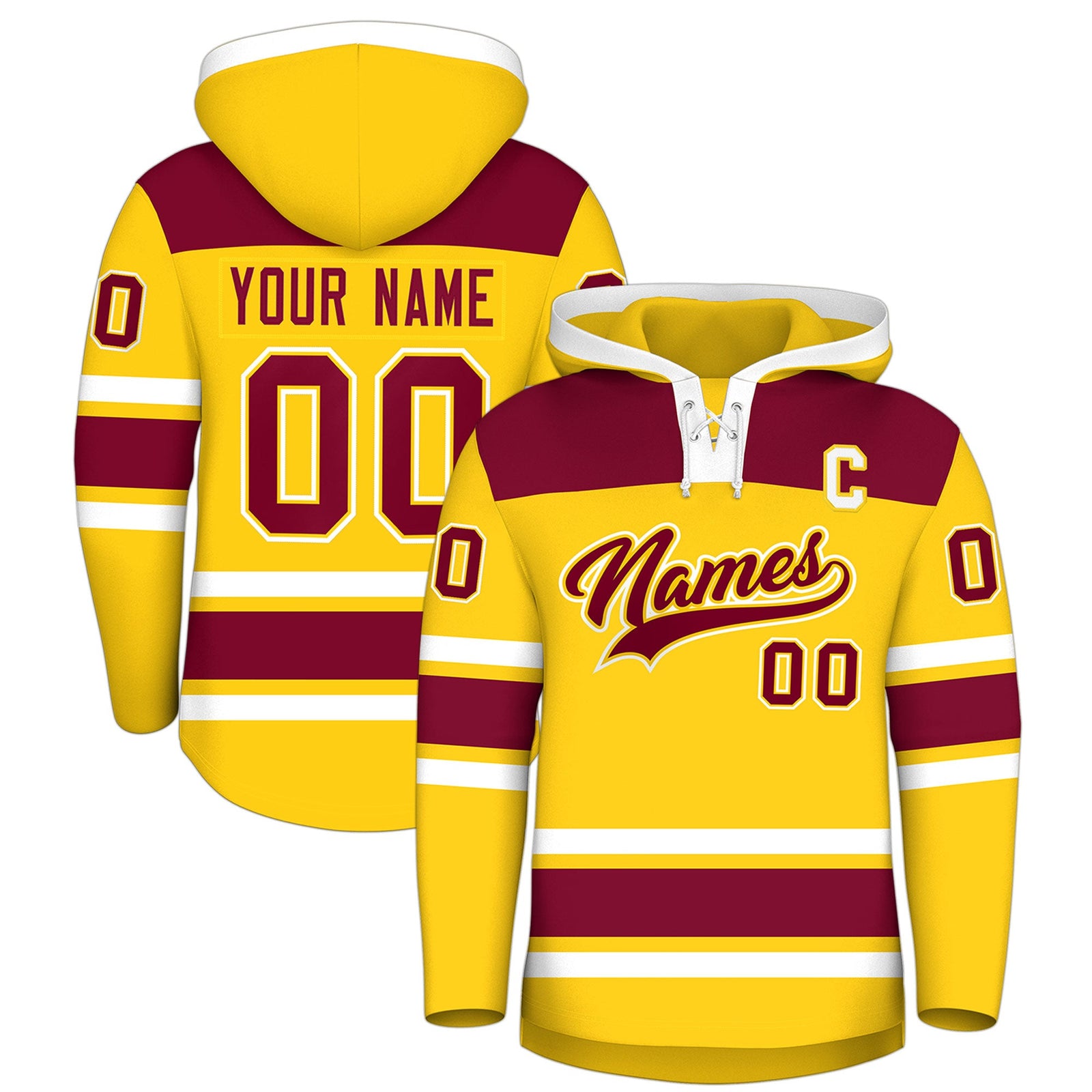 Custom Hockey Hoodie Jersey Gold Crimson Raglan Sleeves Lace-Up Neck Personalized Jersey for Men & Youth