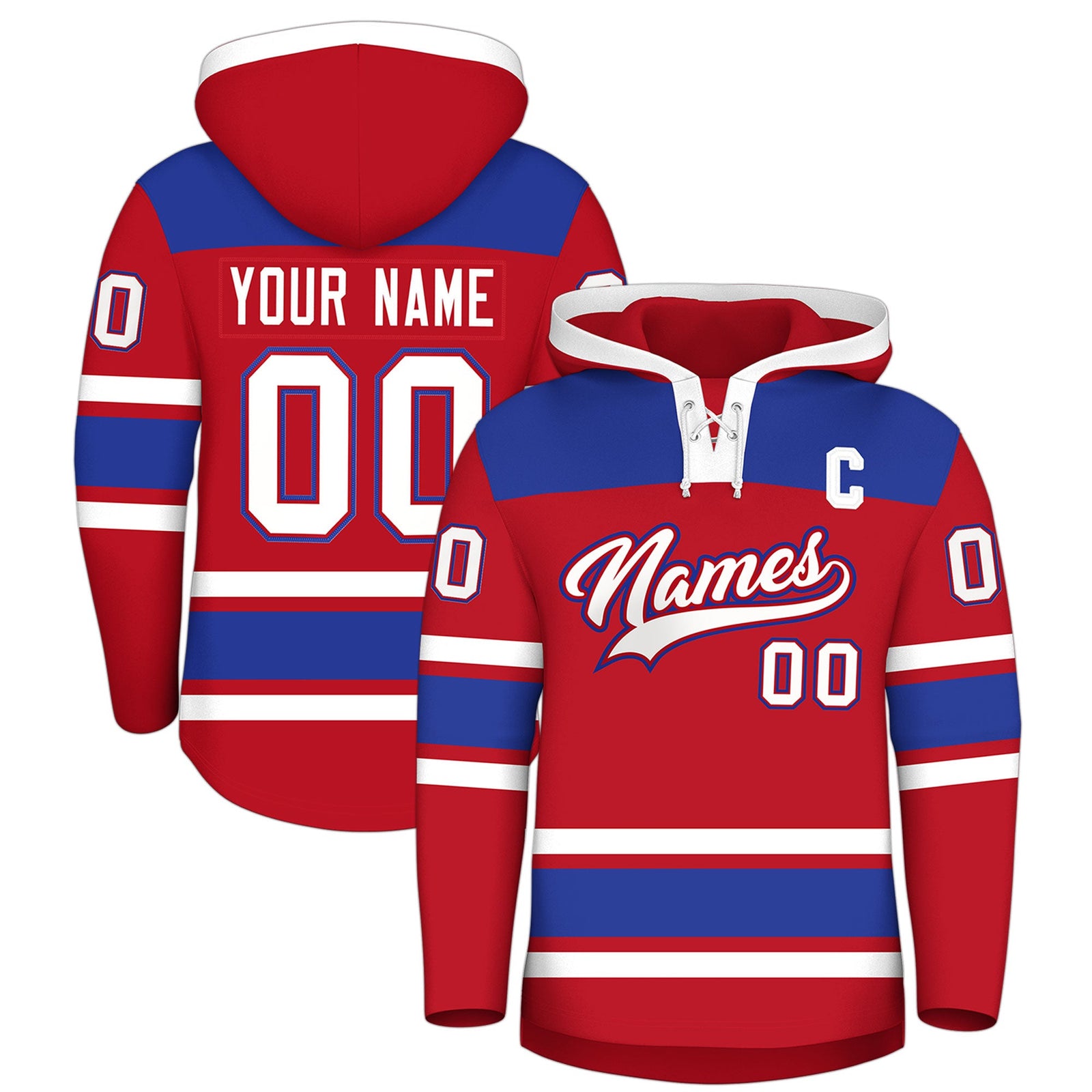 Custom Hockey Hoodie Jersey Red Royal Blue Raglan Sleeves Lace-Up Neck Personalized Jersey for Men & Youth