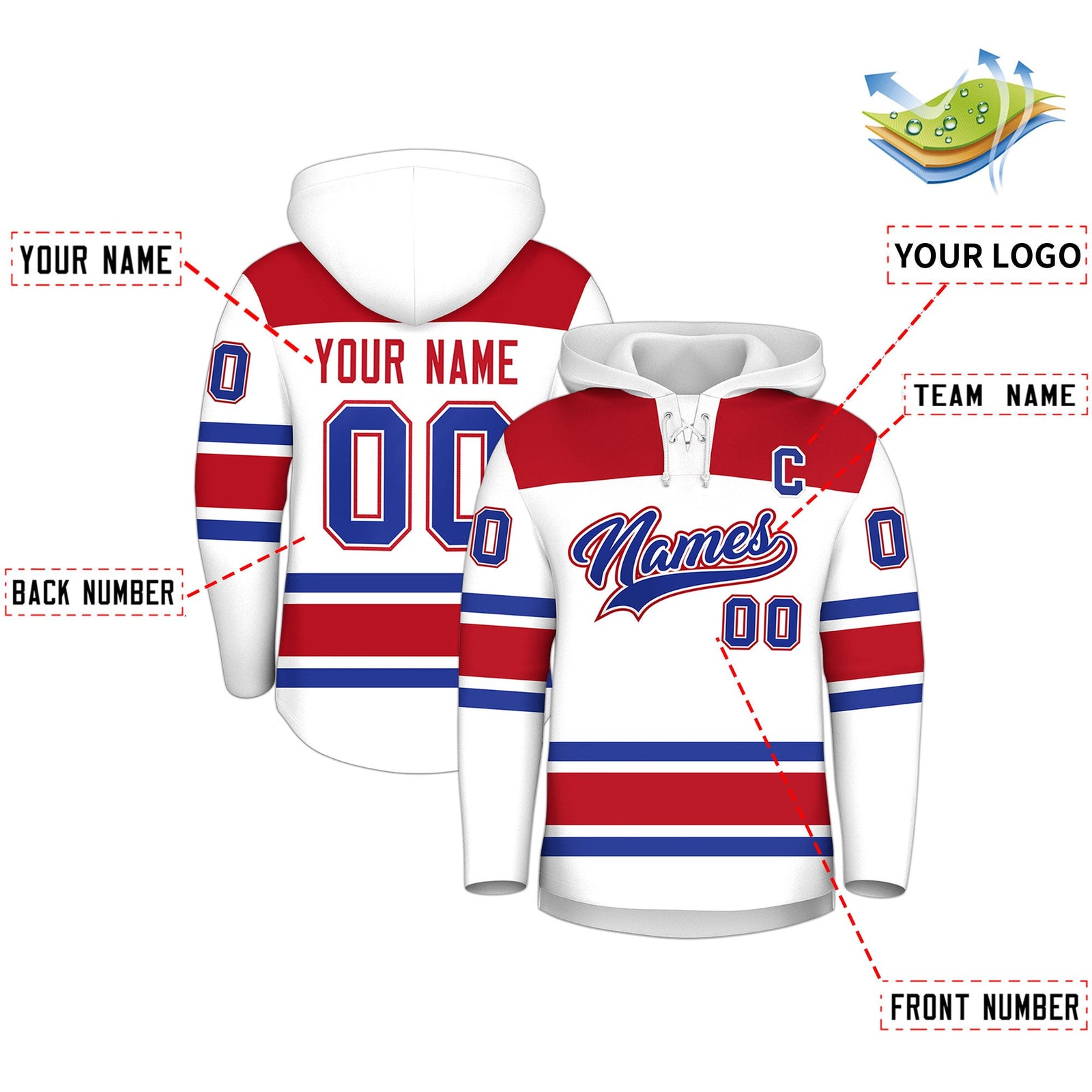 Custom Hockey Hoodie Jersey White Red Raglan Sleeves Lace-Up Neck Classic Team Colors Hoodie