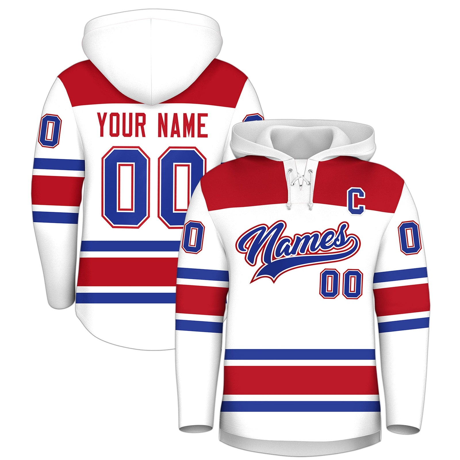 Custom Hockey Hoodie Jersey White Red Raglan Sleeves Lace-Up Neck Classic Team Colors Hoodie