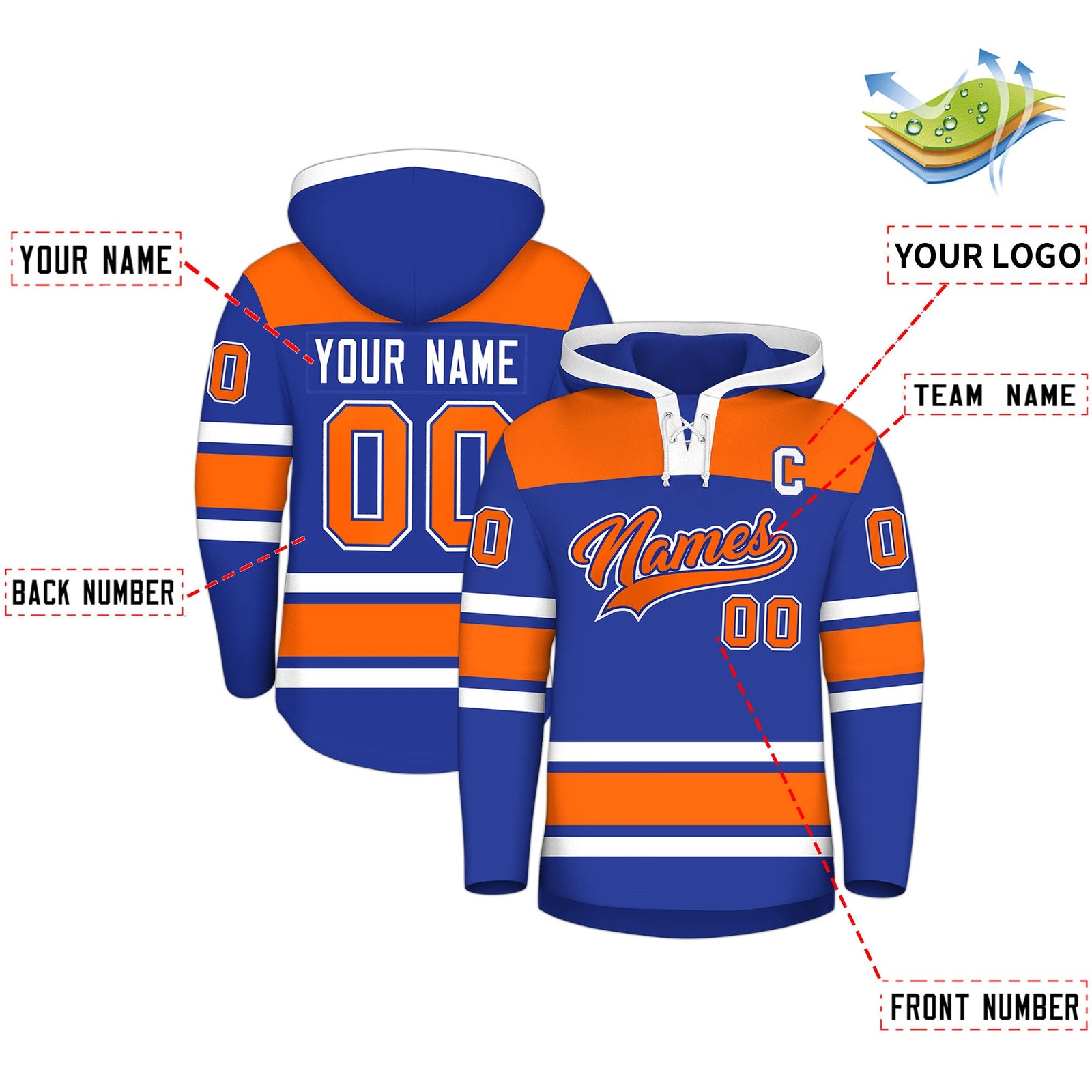 Custom Hockey Hoodie Jersey Royal Blue Orange Raglan Sleeves Lace-Up Neck Personal Name & Number & Logo