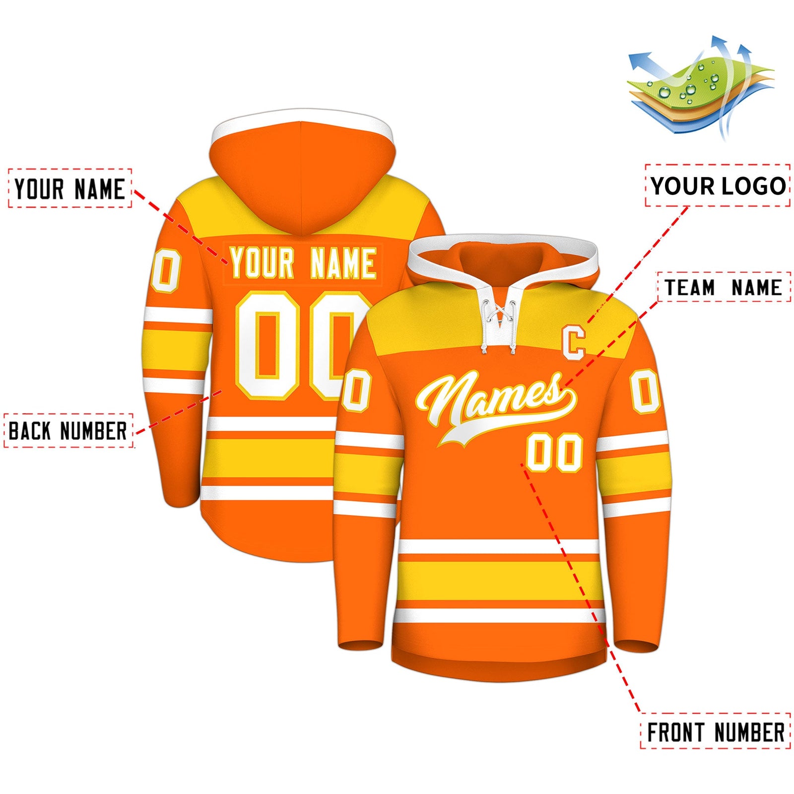 Custom Hockey Hoodie Jersey Orange Gold Raglan Sleeves Lace-Up Neck Personal Name & Number & Logo