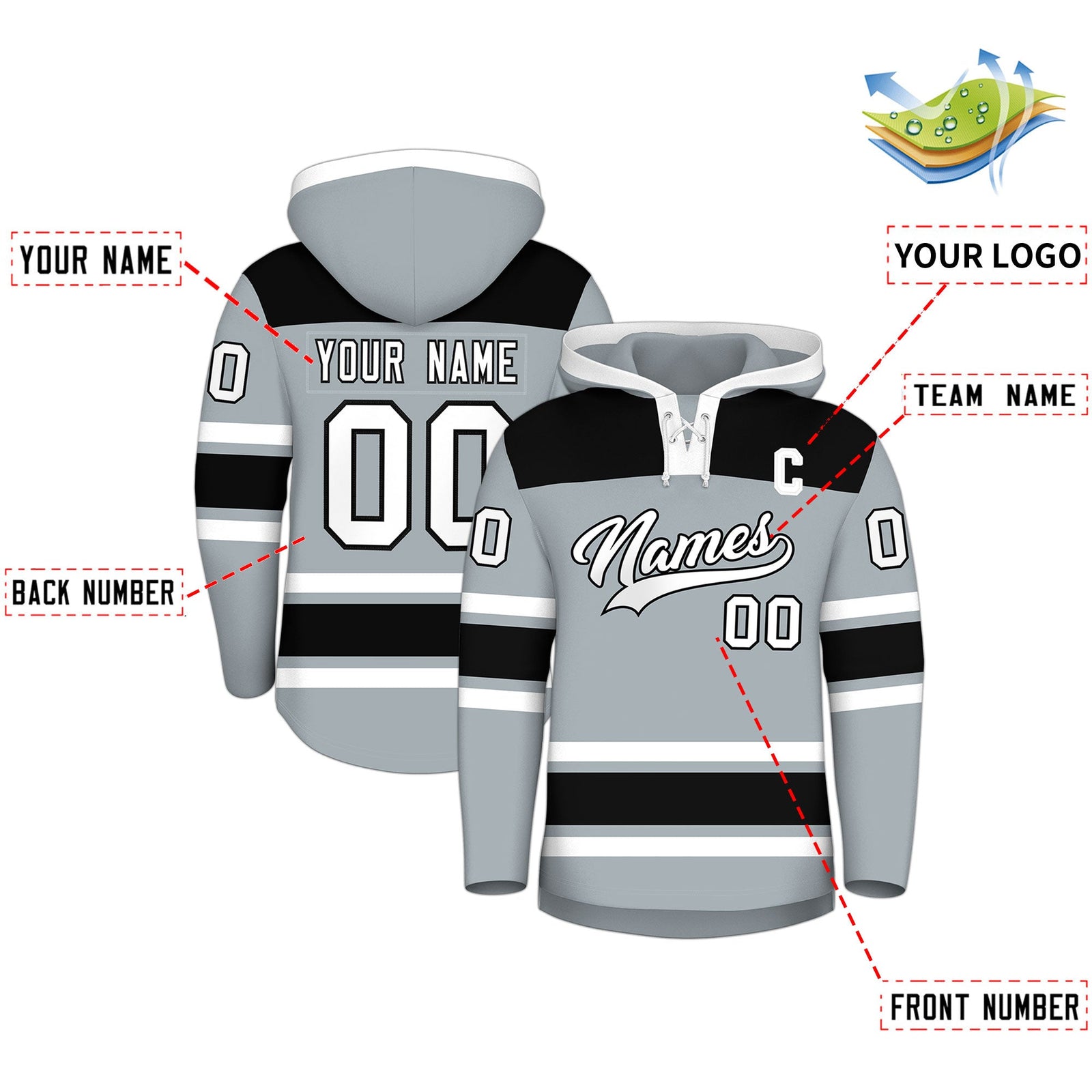 Custom Hockey Hoodie Jersey Silver Black Raglan Sleeves Lace-Up Neck Classic Team Colors Hoodie