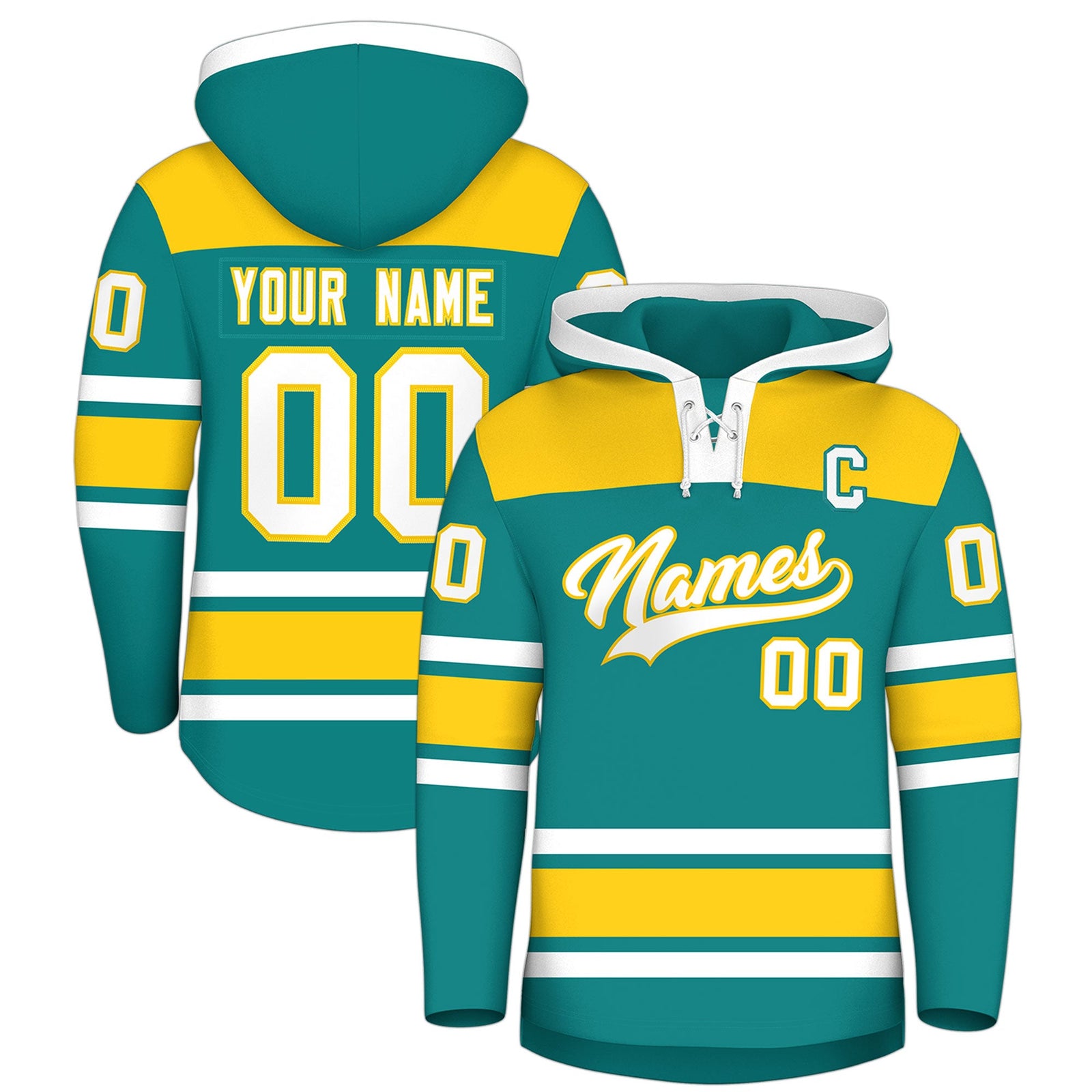 Custom Hockey Hoodie Jersey Teal Gold Raglan Sleeves Lace-Up Neck Personal Name & Number & Logo