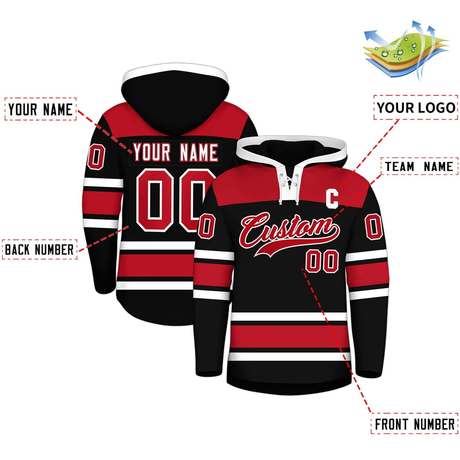 Custom Hockey Hoodie Jersey Black Red Raglan Sleeves Lace-Up Neck Personalized Jersey for Men & Youth