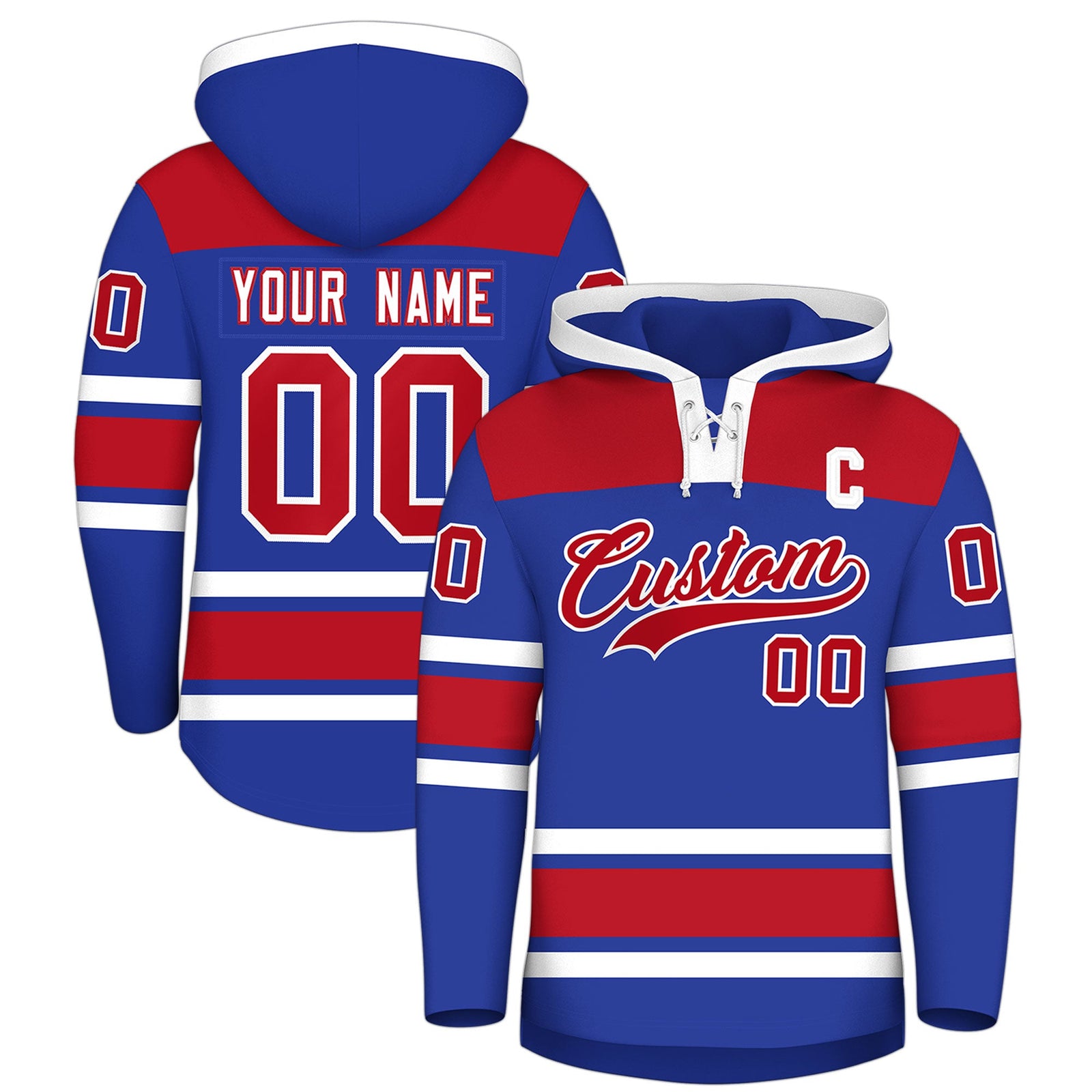 Custom Hockey Hoodie Jersey Royal Blue Red Raglan Sleeves Lace-Up Neck Personal Name & Number & Logo