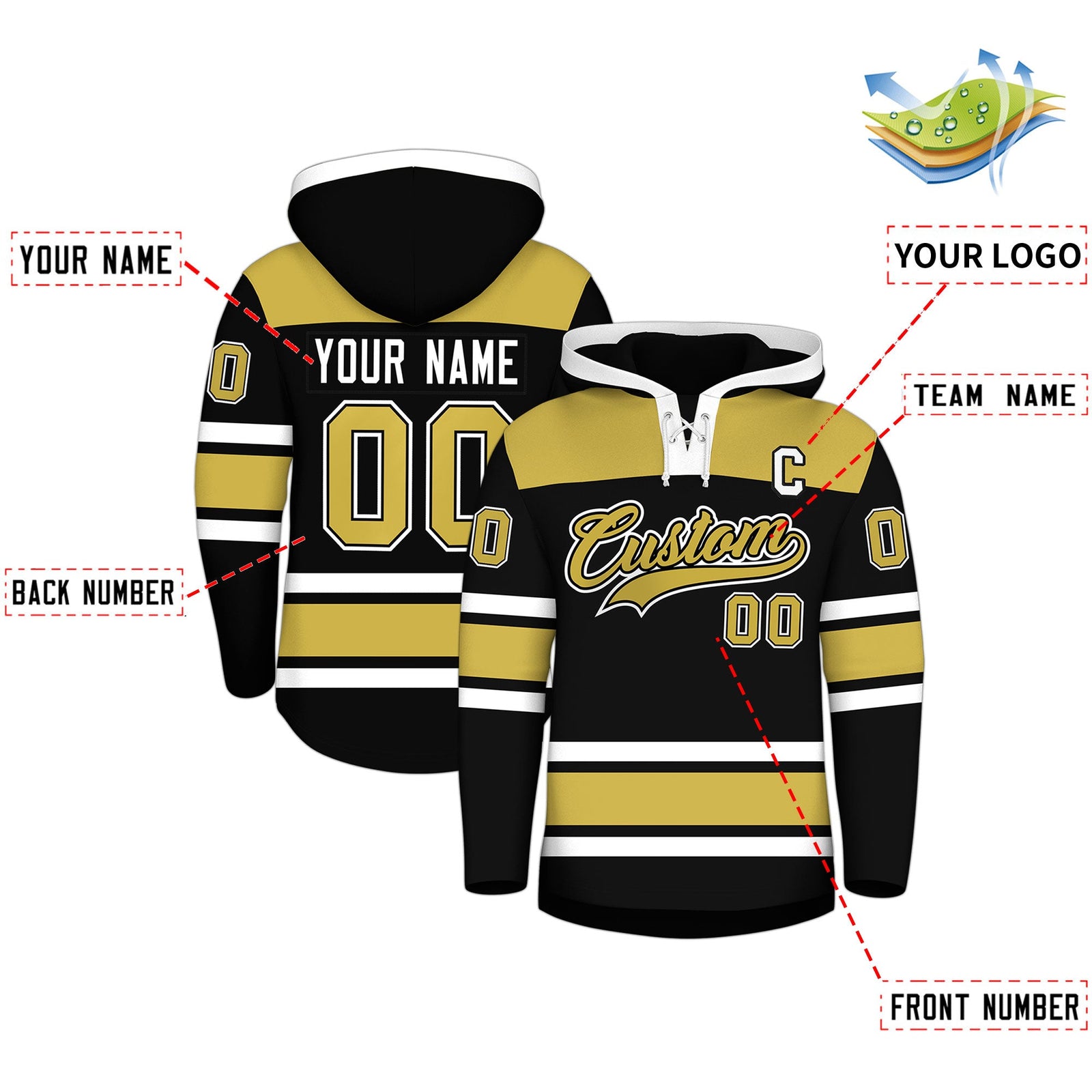 Custom Hockey Hoodie Jersey Black Old Gold Raglan Sleeves Lace-Up Neck Personal Name & Number & Logo
