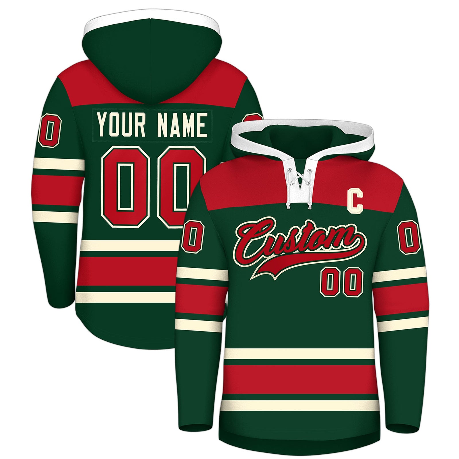 Custom Hockey Hoodie Jersey Green Red Raglan Sleeves Lace-Up Neck Classic Team Colors Hoodie
