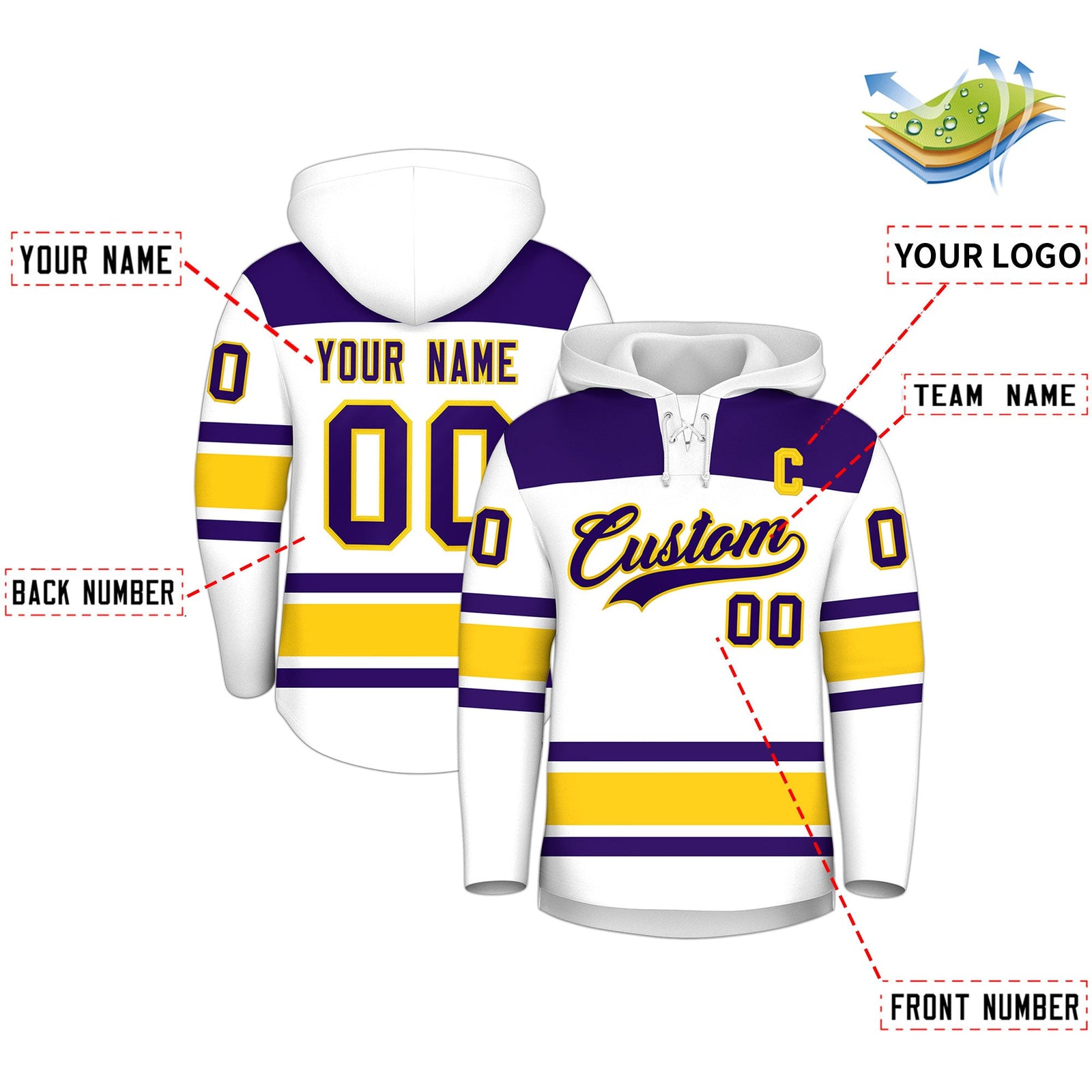 Custom Hockey Hoodie Jersey White Gold Raglan Sleeves Lace-Up Neck Personal Name & Number & Logo