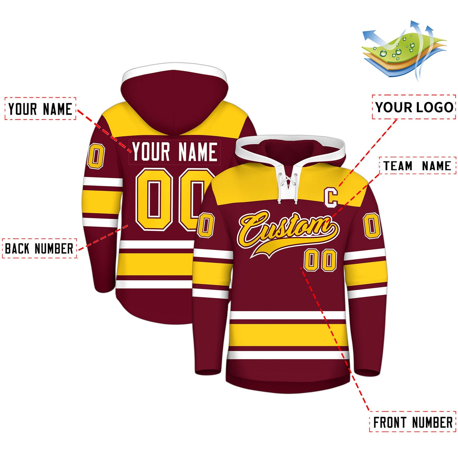 Custom Hockey Hoodie Jersey Crimson Gold Raglan Sleeves Lace-Up Neck Personalized Jersey for Men & Youth