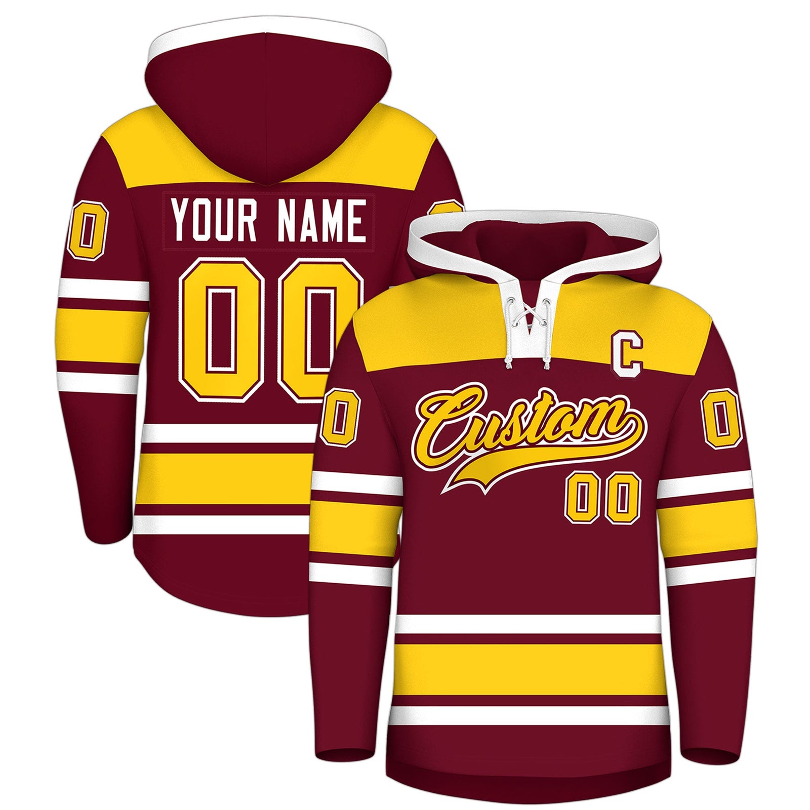 Custom Hockey Hoodie Jersey Crimson Gold Raglan Sleeves Lace-Up Neck Personalized Jersey for Men & Youth