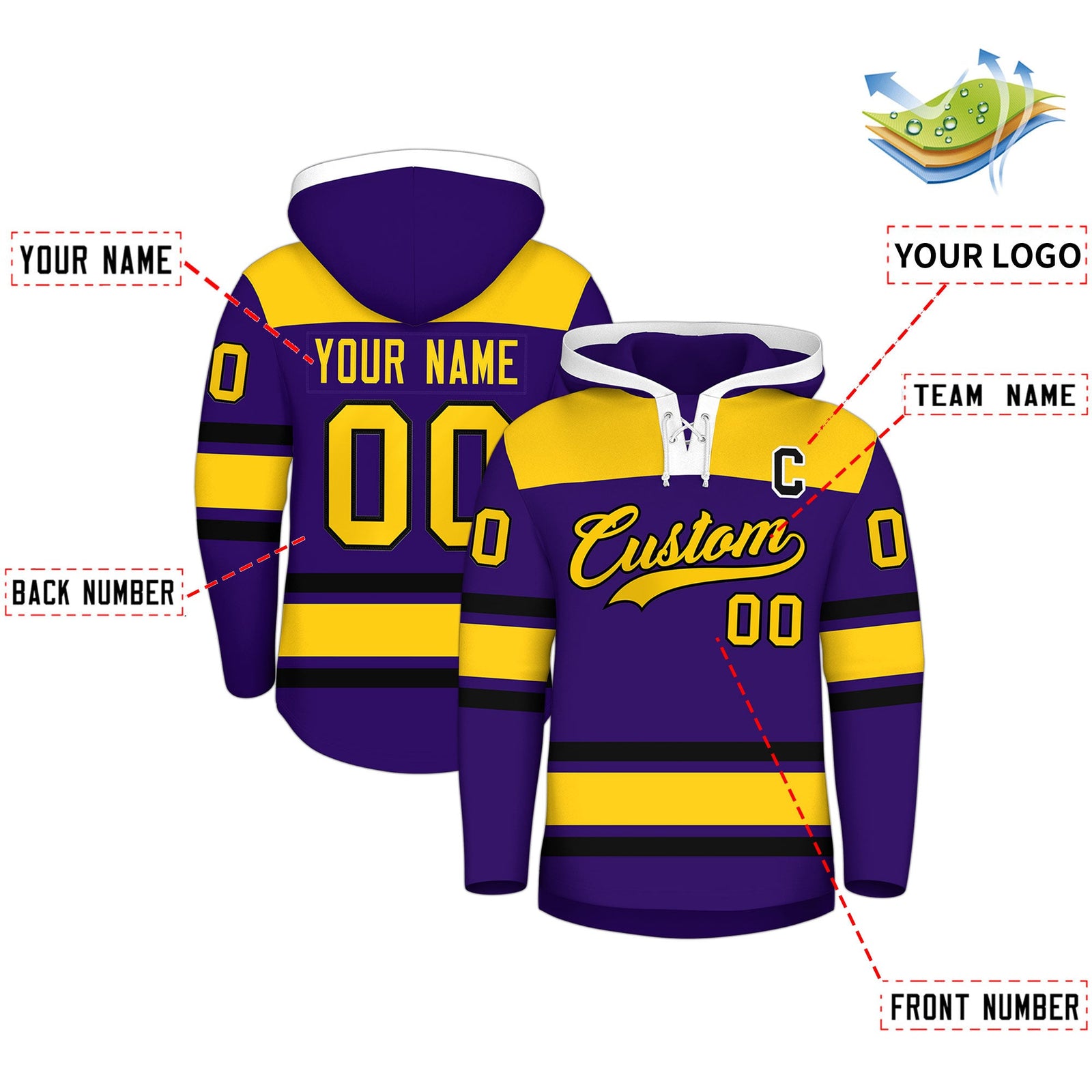 Custom Hockey Hoodie Jersey Purple Gold Raglan Sleeves Lace-Up Neck Personal Name & Number & Logo