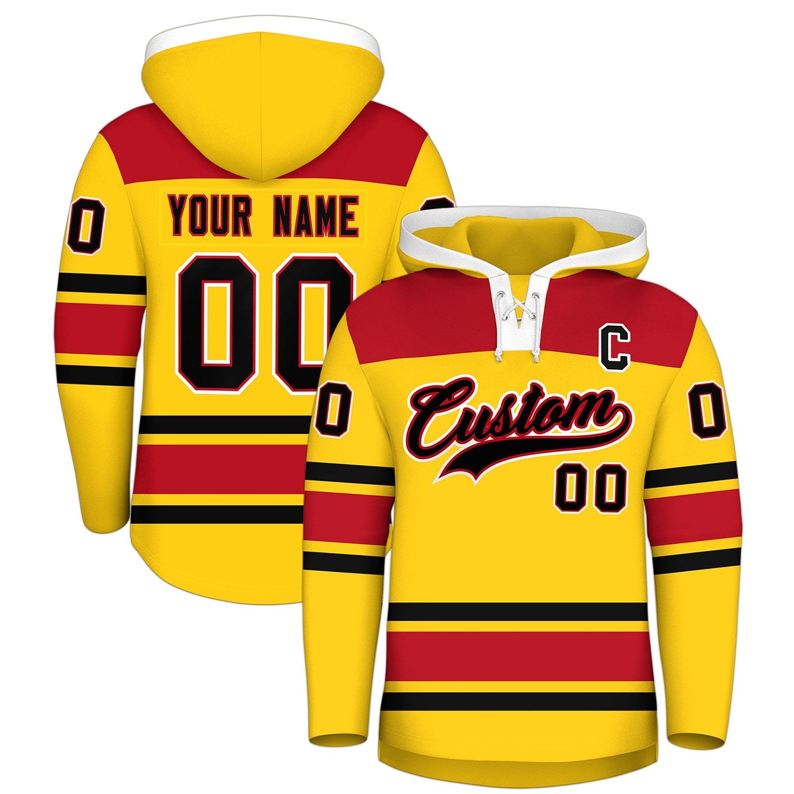 Custom Hockey Hoodie Jersey Gold Red Raglan Sleeves Lace-Up Neck Personal Name & Number & Logo