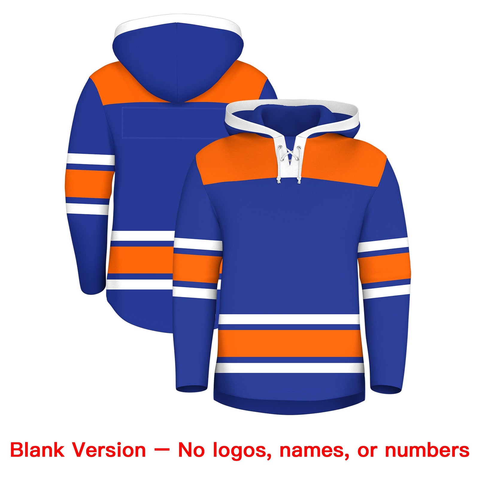Custom Hockey Hoodie Jersey Royal Blue Orange Raglan Sleeves Lace-Up Neck Personal Name & Number & Logo