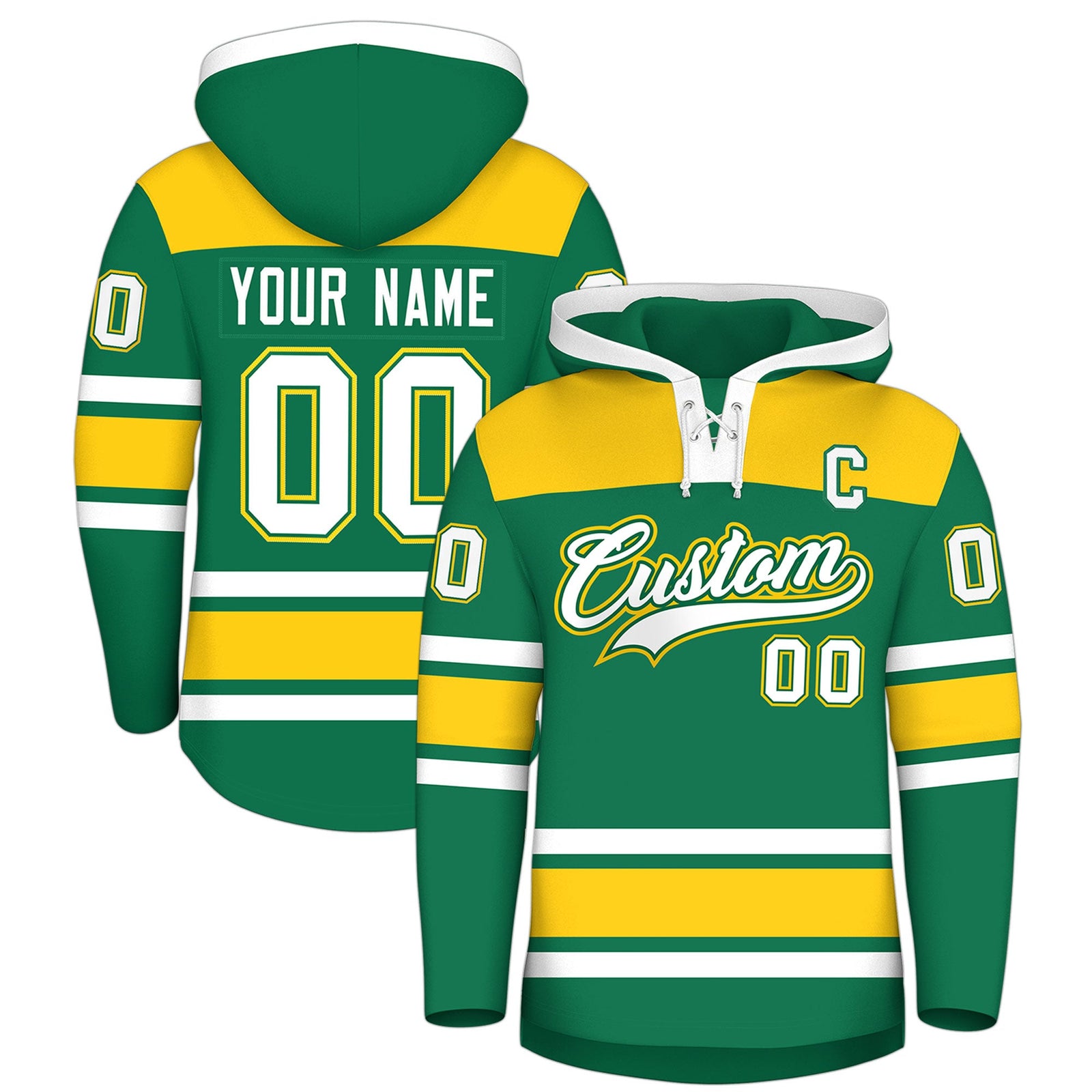 Custom Hockey Hoodie Jersey Kelly Green Gold Raglan Sleeves Lace-Up Neck Personalized Jersey for Men & Youth