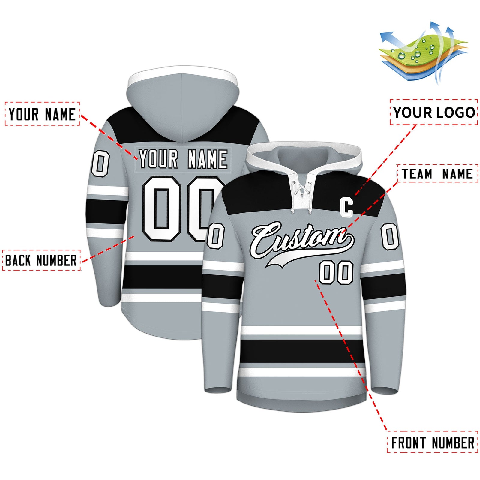 Custom Hockey Hoodie Jersey Silver Black Raglan Sleeves Lace-Up Neck Classic Team Colors Hoodie