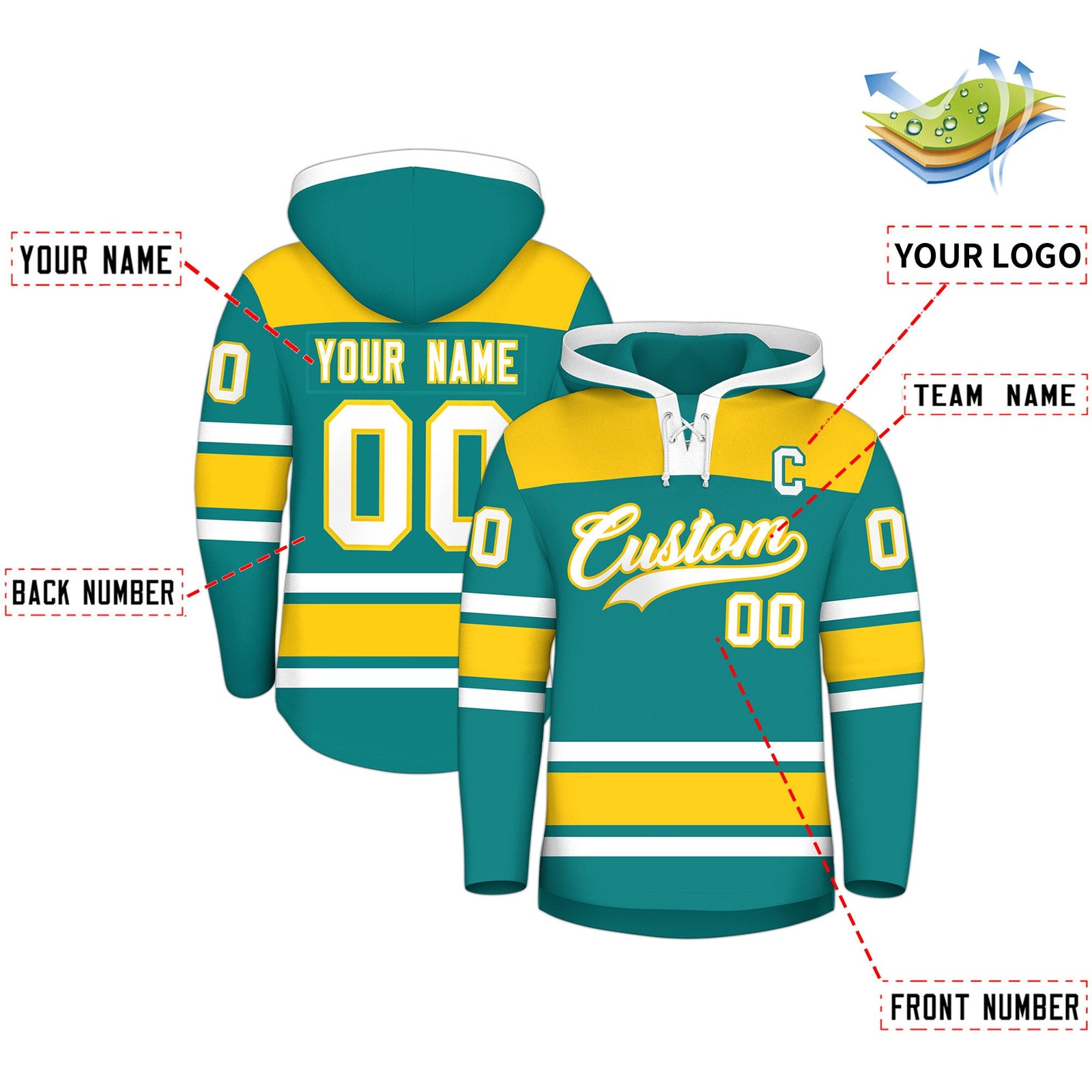 Custom Hockey Hoodie Jersey Teal Gold Raglan Sleeves Lace-Up Neck Personal Name & Number & Logo